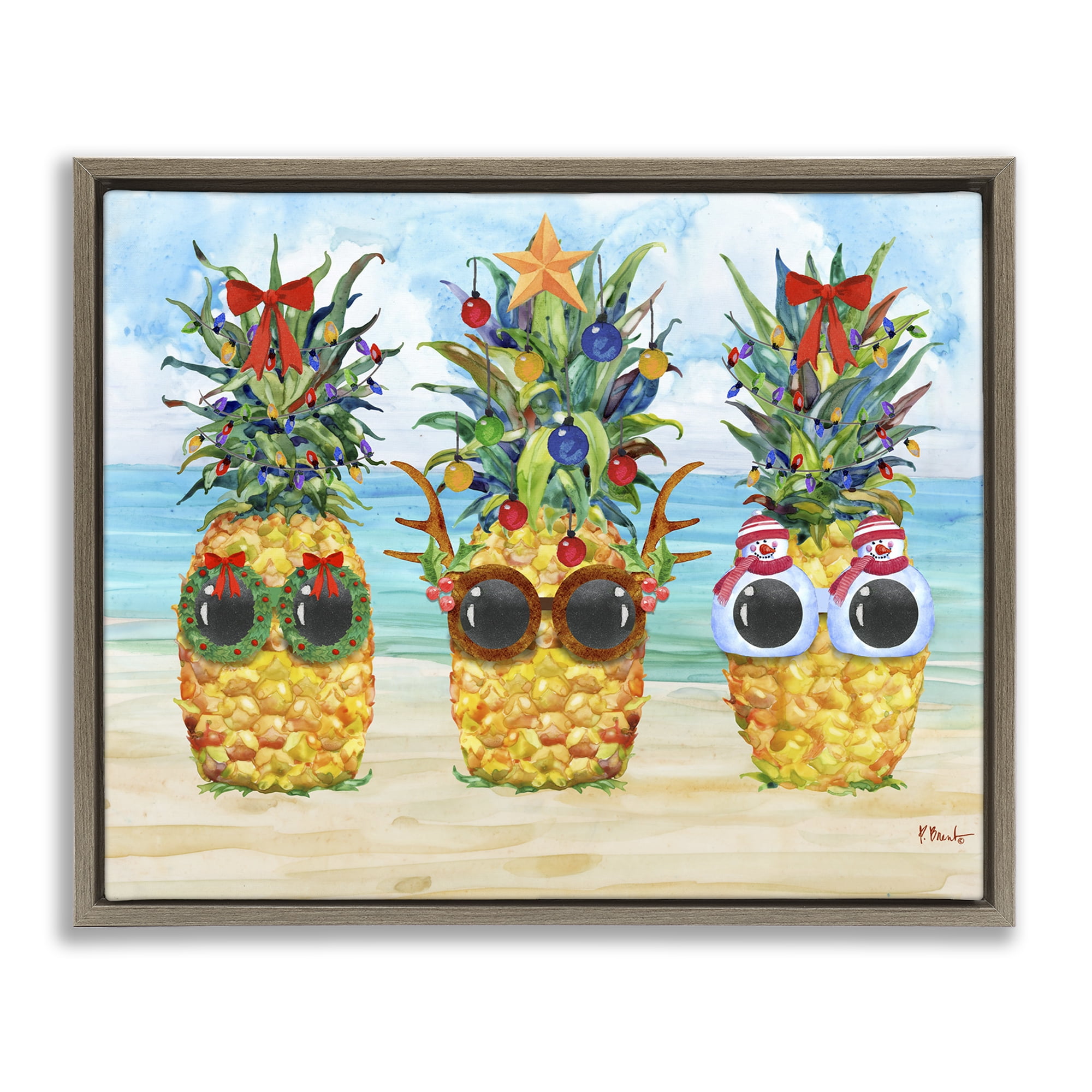 Stupell Industries Christmas Cool Pineapples Holiday Painting Brown Floater Framed Art Print Wall Art, 31 x 25