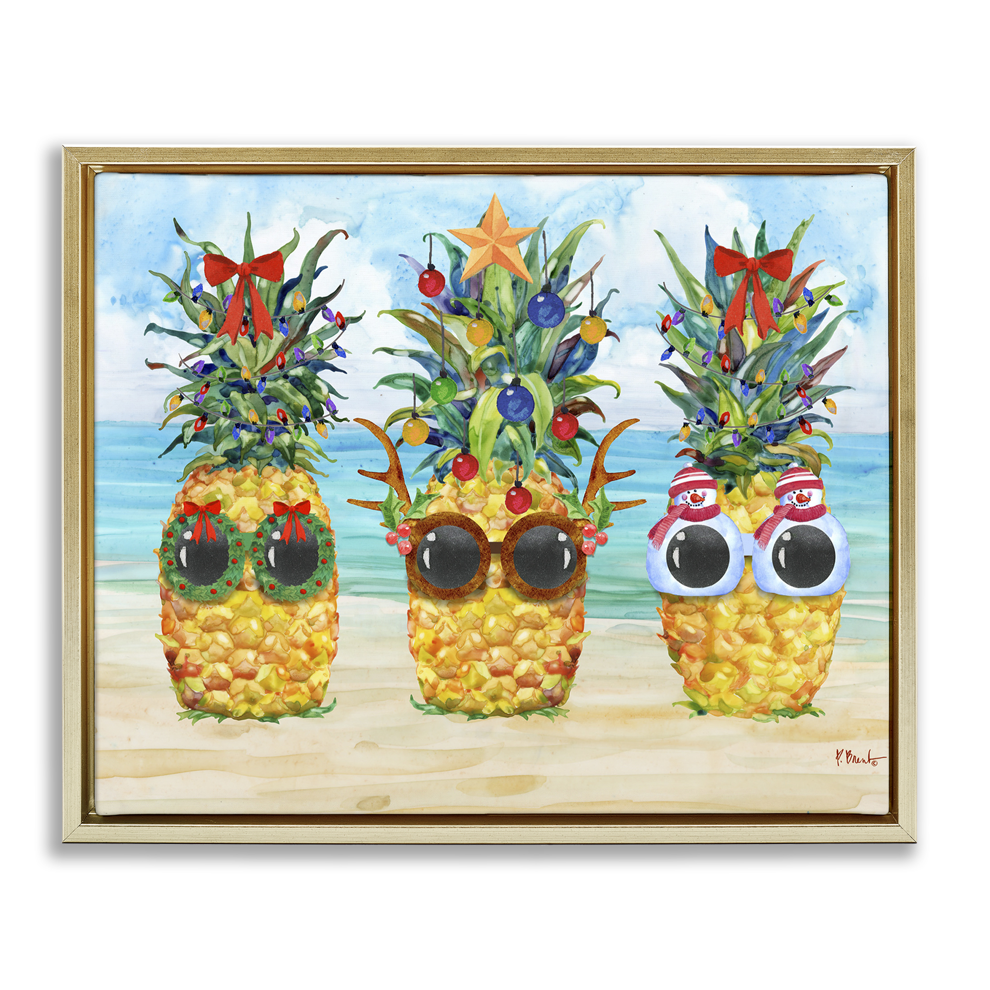 Stupell Industries Christmas Cool Pineapples Holiday Painting Gold Floater Framed Art Print Wall Art, 31 x 25