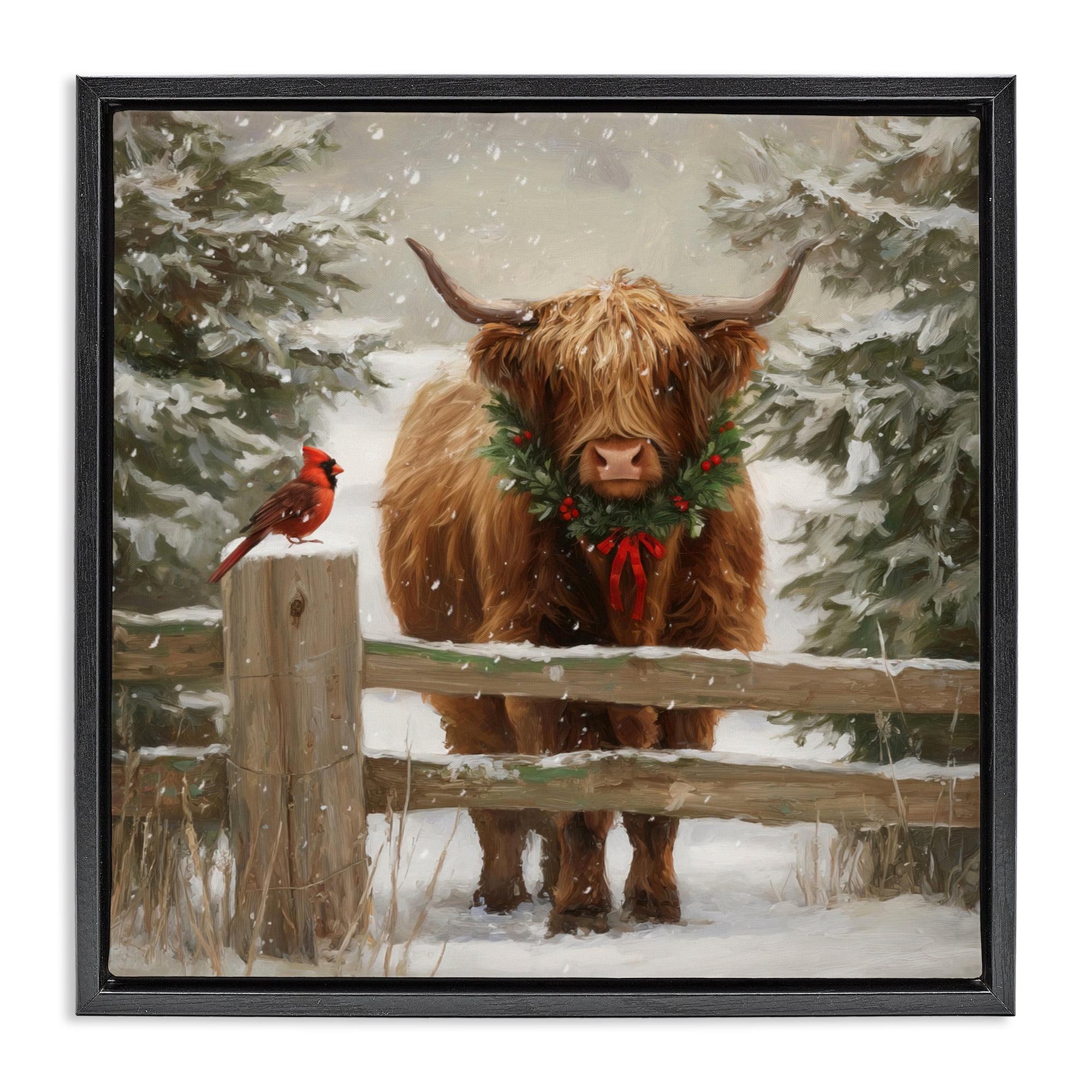 Stupell Industries Christmas Cow & Cardinal Black Framed Floater Canvas Wall Art, design by Tina LeCour