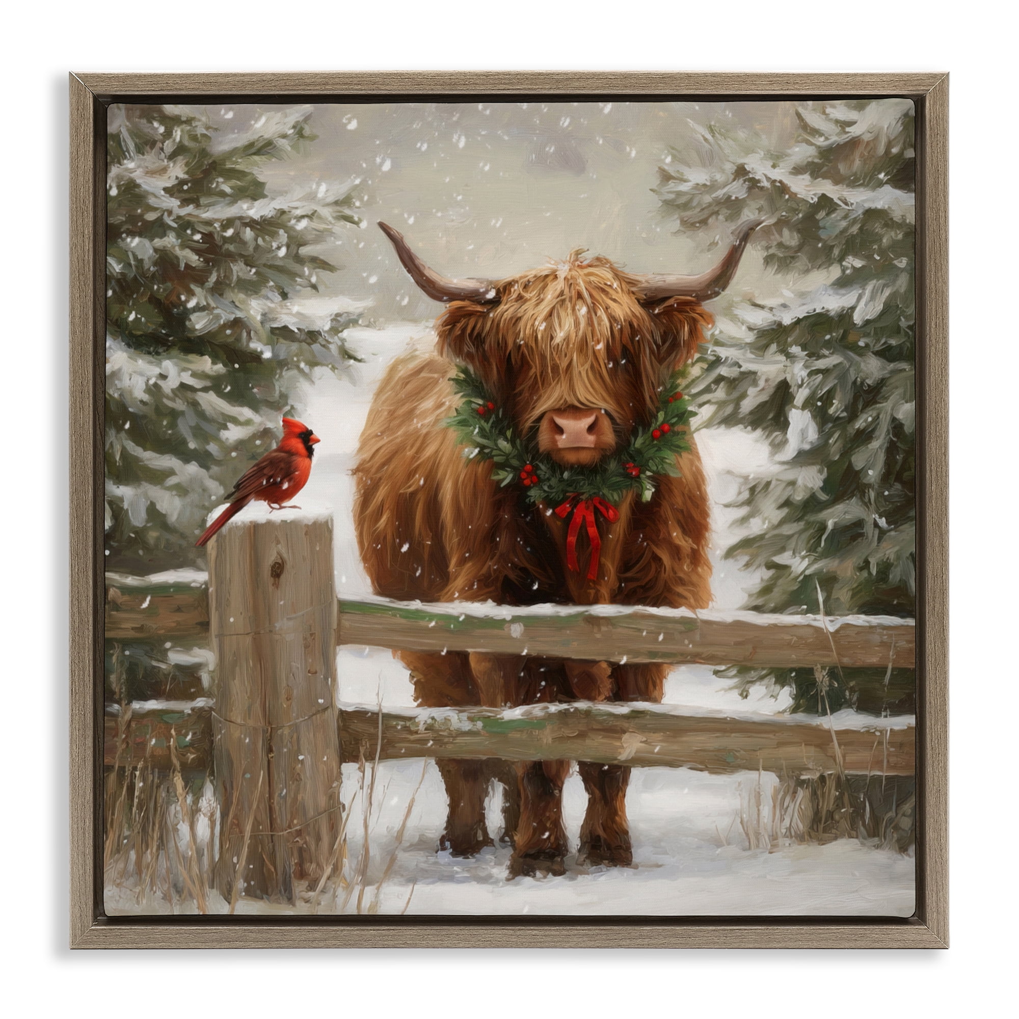 Stupell Industries Christmas Cow & Cardinal Brown Framed Floater Canvas Wall Art, design by Tina LeCour