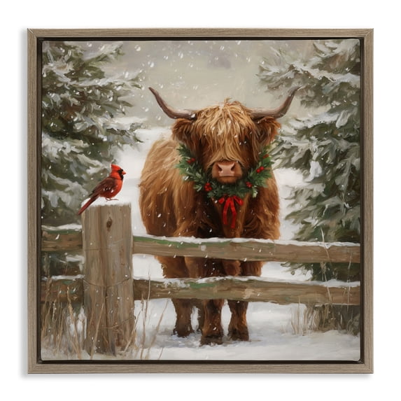 Stupell Industries Farmhouse Christmas Cow & Cardinal Brown Floating Frame Canvas Art, 18 x 18, by Tina LeCour