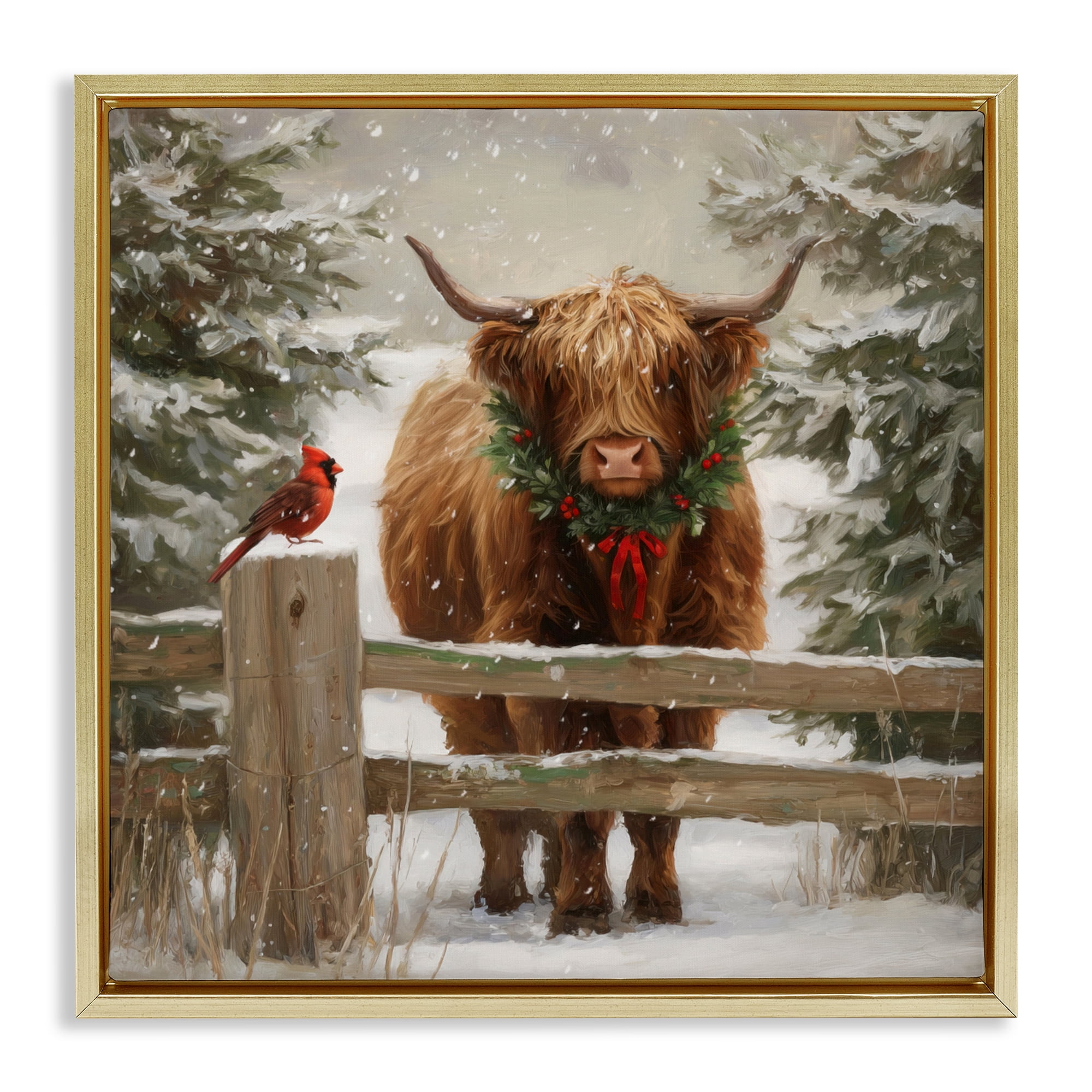 Stupell Industries Christmas Cow & Cardinal Gold Framed Floater Canvas Wall Art, design by Tina LeCour