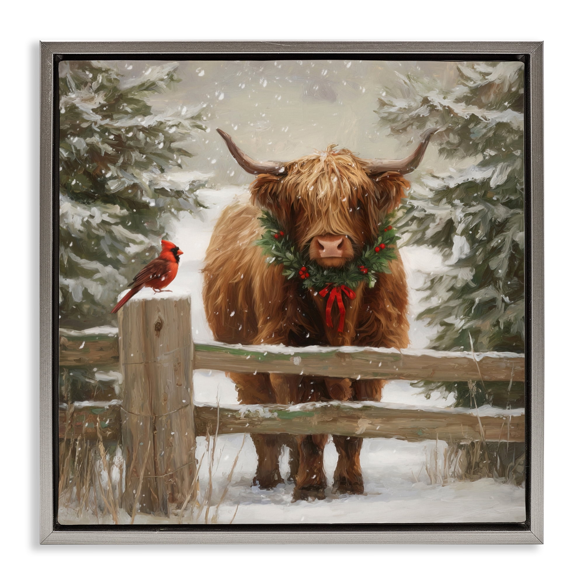 Stupell Industries Christmas Cow & Cardinal Gray Framed Floater Canvas Wall Art, design by Tina LeCour