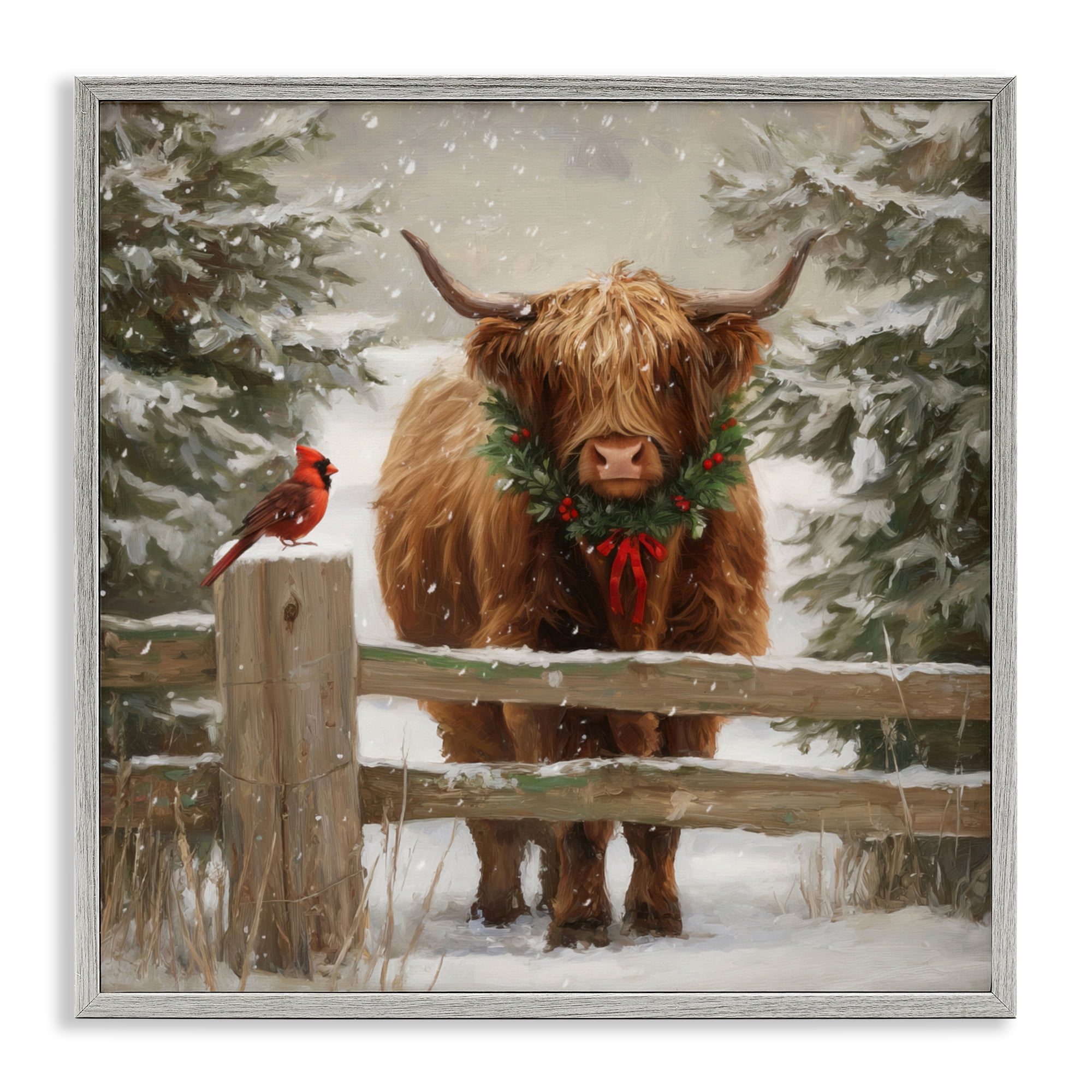 Stupell Industries Christmas Cow & Cardinal Gray Framed Giclee Art, design by Tina LeCour