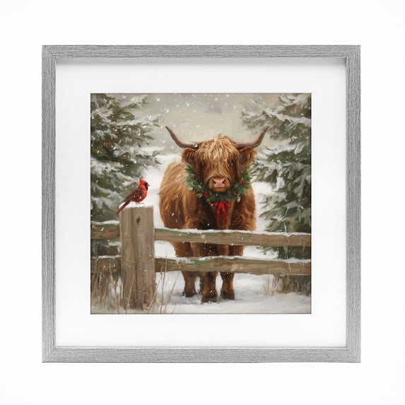 Stupell Industries Farmhouse Christmas Cow & Cardinal Gray Framed Print Under Glass, 16 x 16, by Tina LeCour