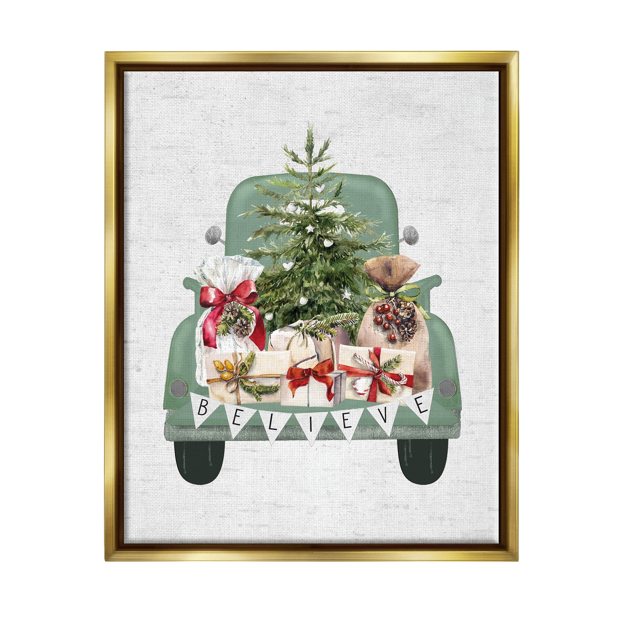 Stupell Industries Christmas Gift Pickup Holiday Painting Gold Floater Framed Canvas Art Print Wall Art, 17 x 21