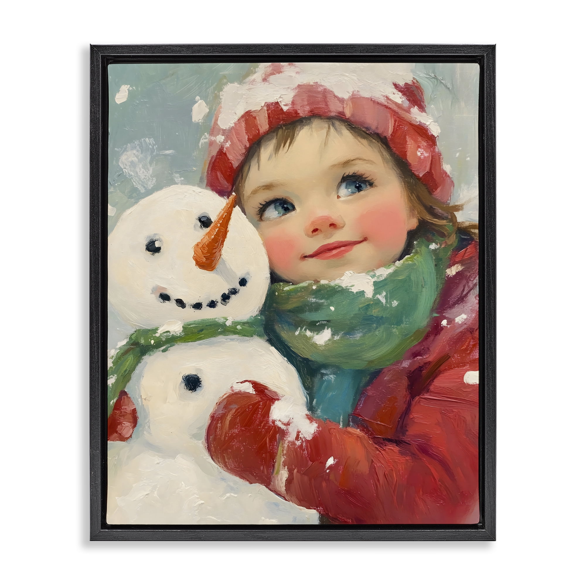 Stupell Industries Christmas Girl & Snowman Embrace Black Framed Floater Canvas Wall Art, design by The Prints Vibe