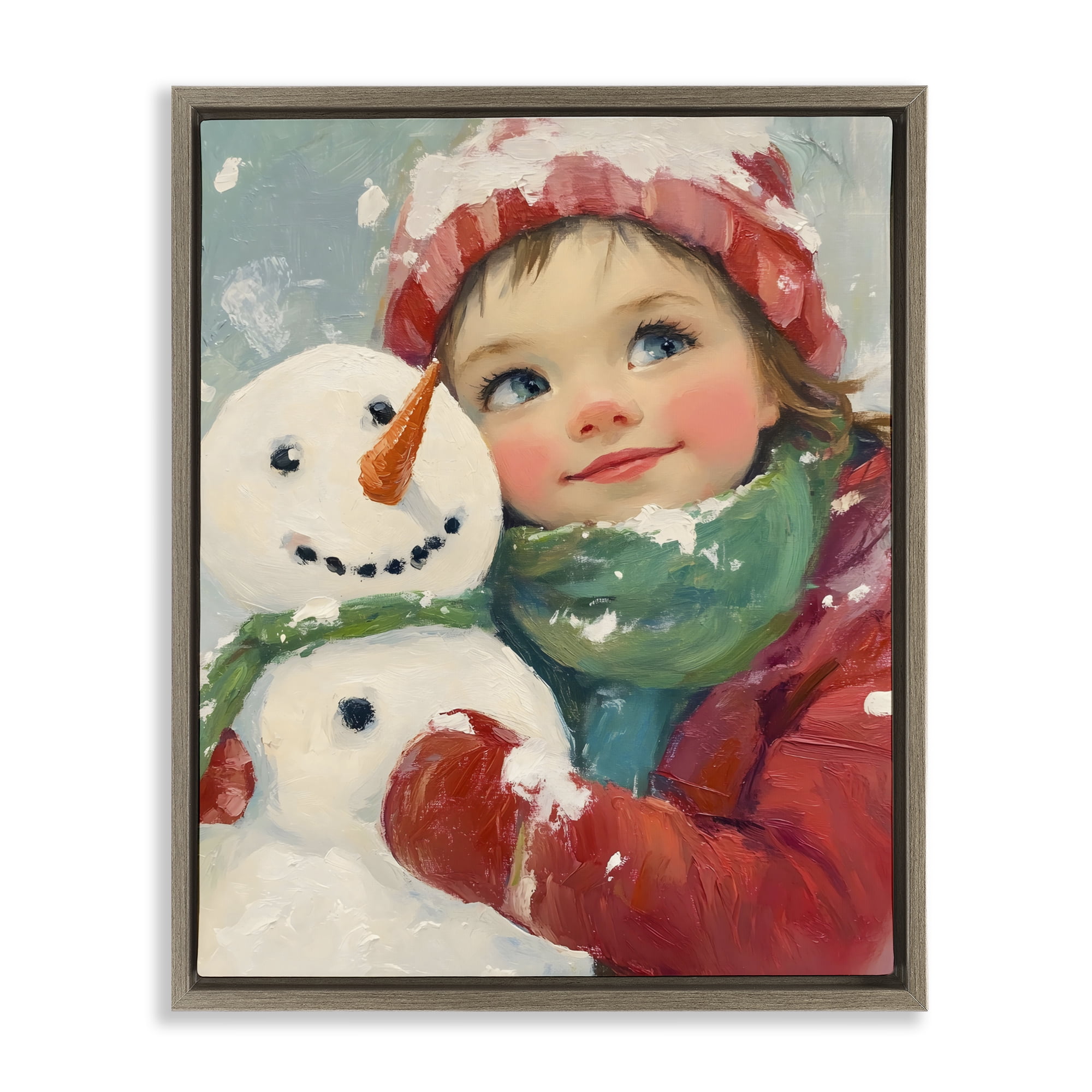 Stupell Industries Christmas Girl & Snowman Embrace Brown Framed Floater Canvas Wall Art, design by The Prints Vibe