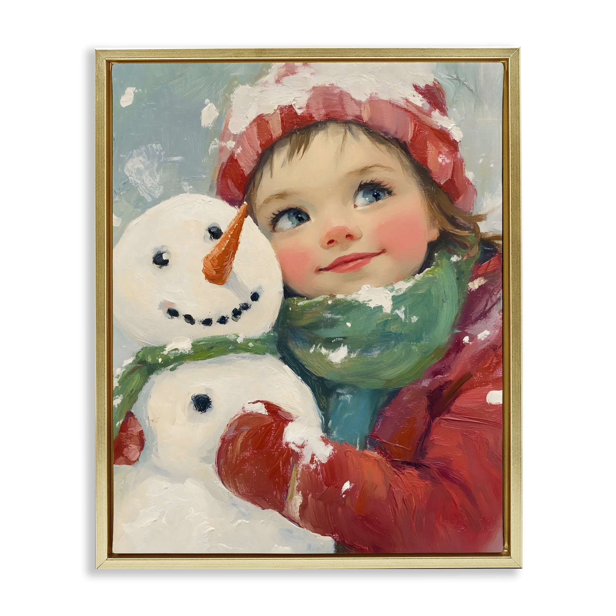 Stupell Industries Christmas Girl & Snowman Embrace Gold Framed Floater Canvas Wall Art, design by The Prints Vibe