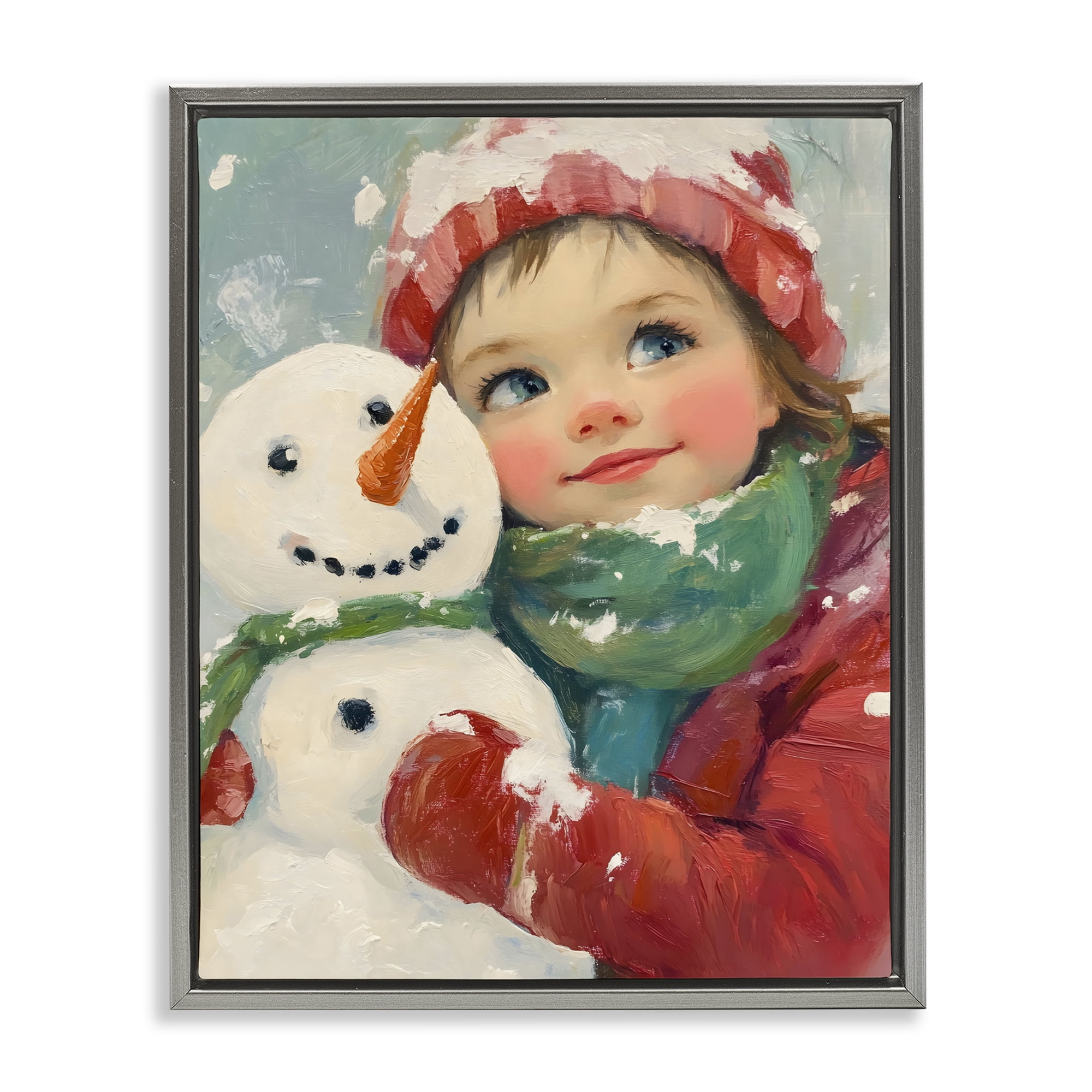 Stupell Industries Christmas Girl & Snowman Embrace Gray Framed Floater Canvas Wall Art, design by The Prints Vibe