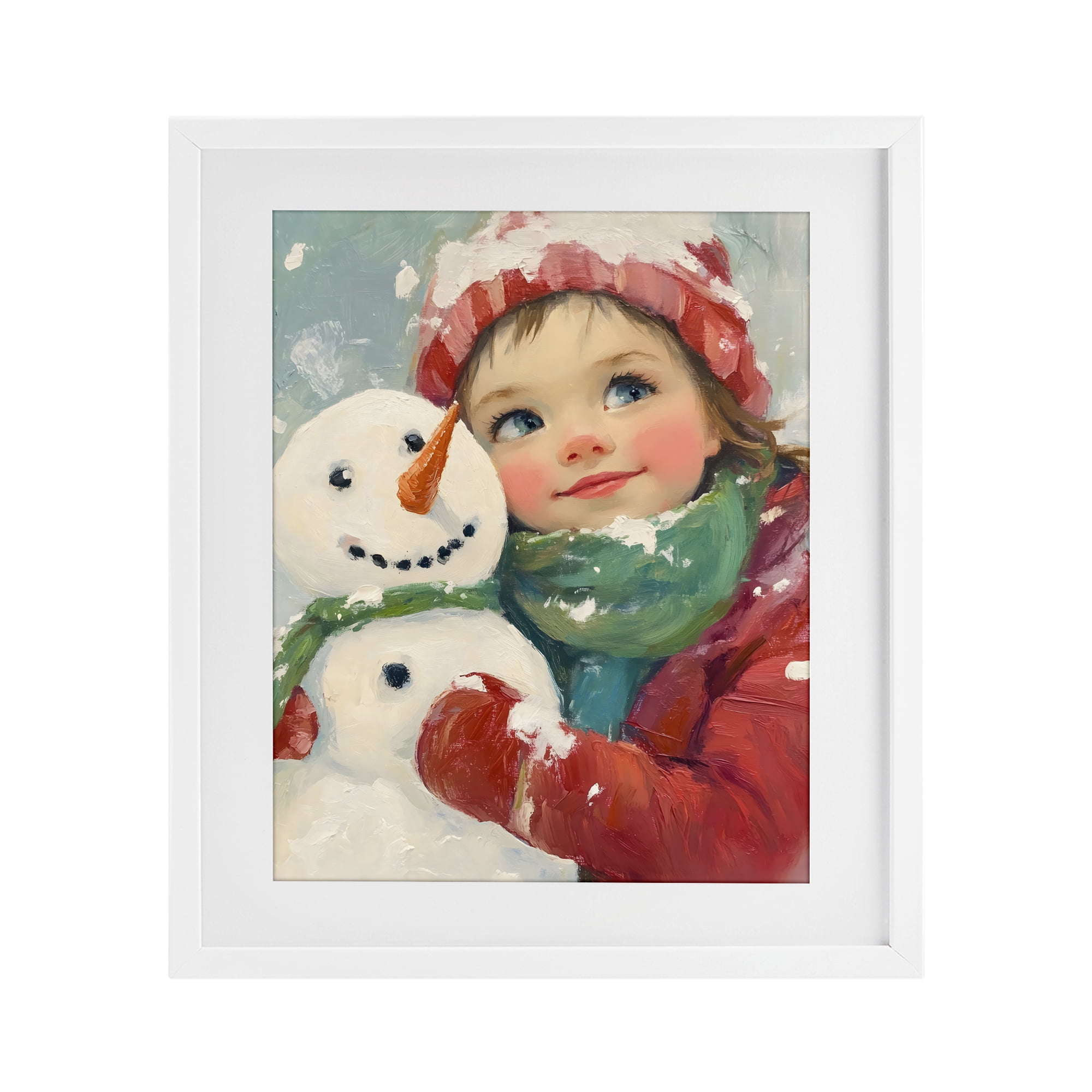 Stupell Industries Christmas Girl & Snowman Embrace White Framed Print Under Glass, design by The Prints Vibe