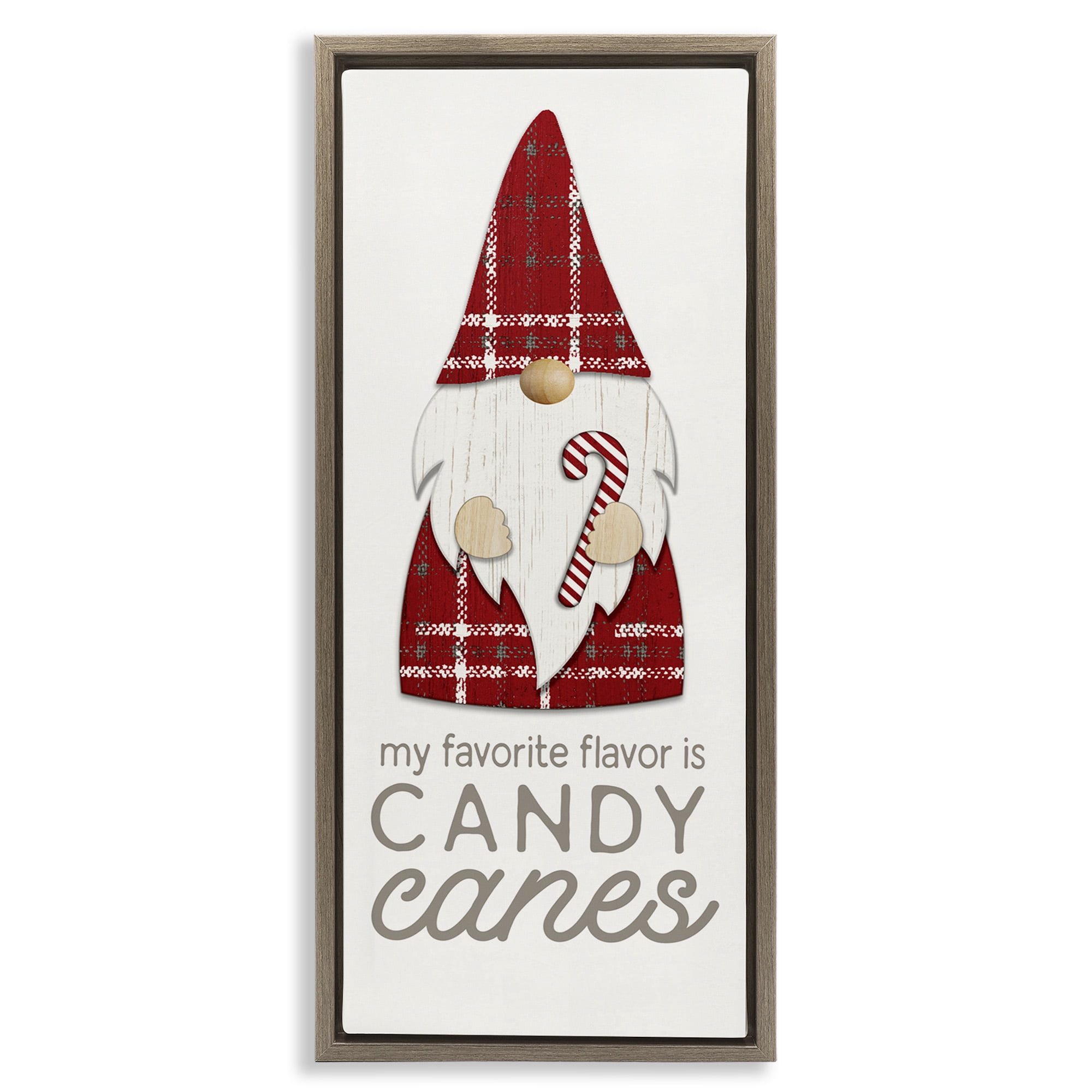 Stupell Industries Christmas Gnome with Candy Cane Holiday Painting Brown Floater Framed Canvas Art Print Wall Art, 11 x 25