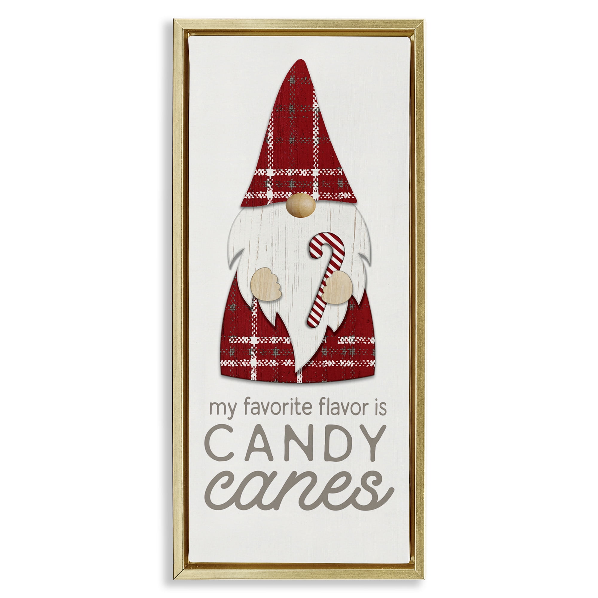 Stupell Industries Christmas Gnome with Candy Cane Holiday Painting Gold Floater Framed Canvas Art Print Wall Art, 11 x 25