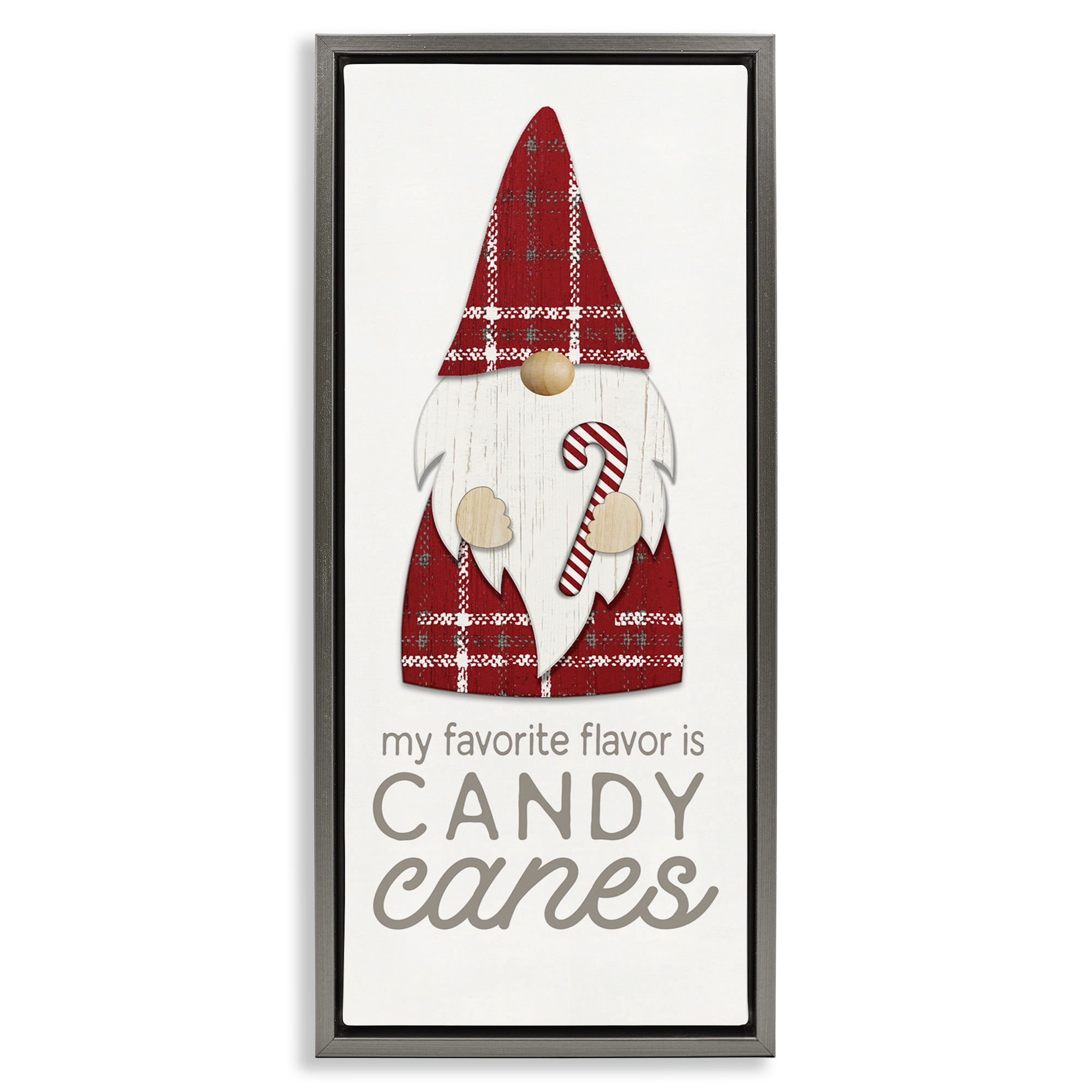 Stupell Industries Christmas Gnome with Candy Cane Holiday Painting Gray Floater Framed Canvas Art Print Wall Art, 11 x 25