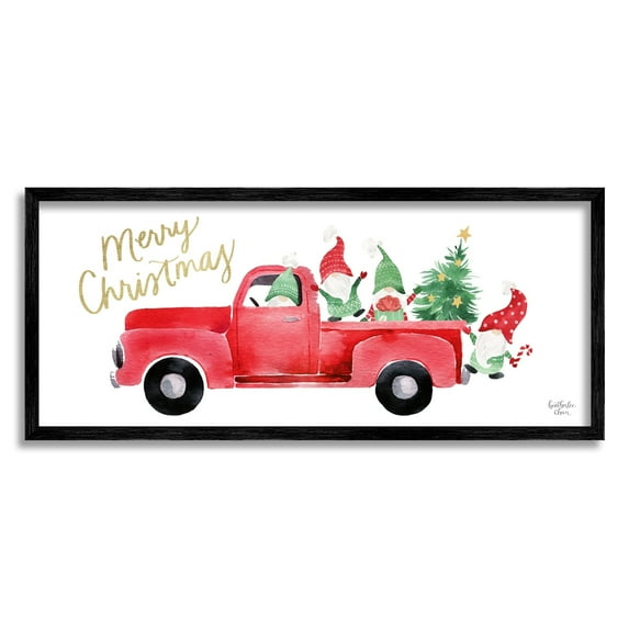 Stupell Industries Christmas Gnomes Driving Red Truck Decorated Tree Graphic Art Black Framed Art Print Wall Art, Design by Heatherlee Chan