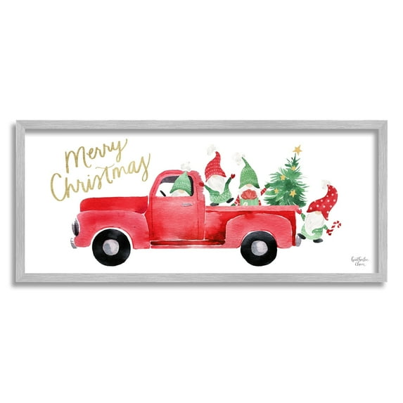 Stupell Industries Christmas Gnomes Driving Red Truck Decorated Tree Graphic Art Gray Framed Art Print Wall Art, Design by Heatherlee Chan