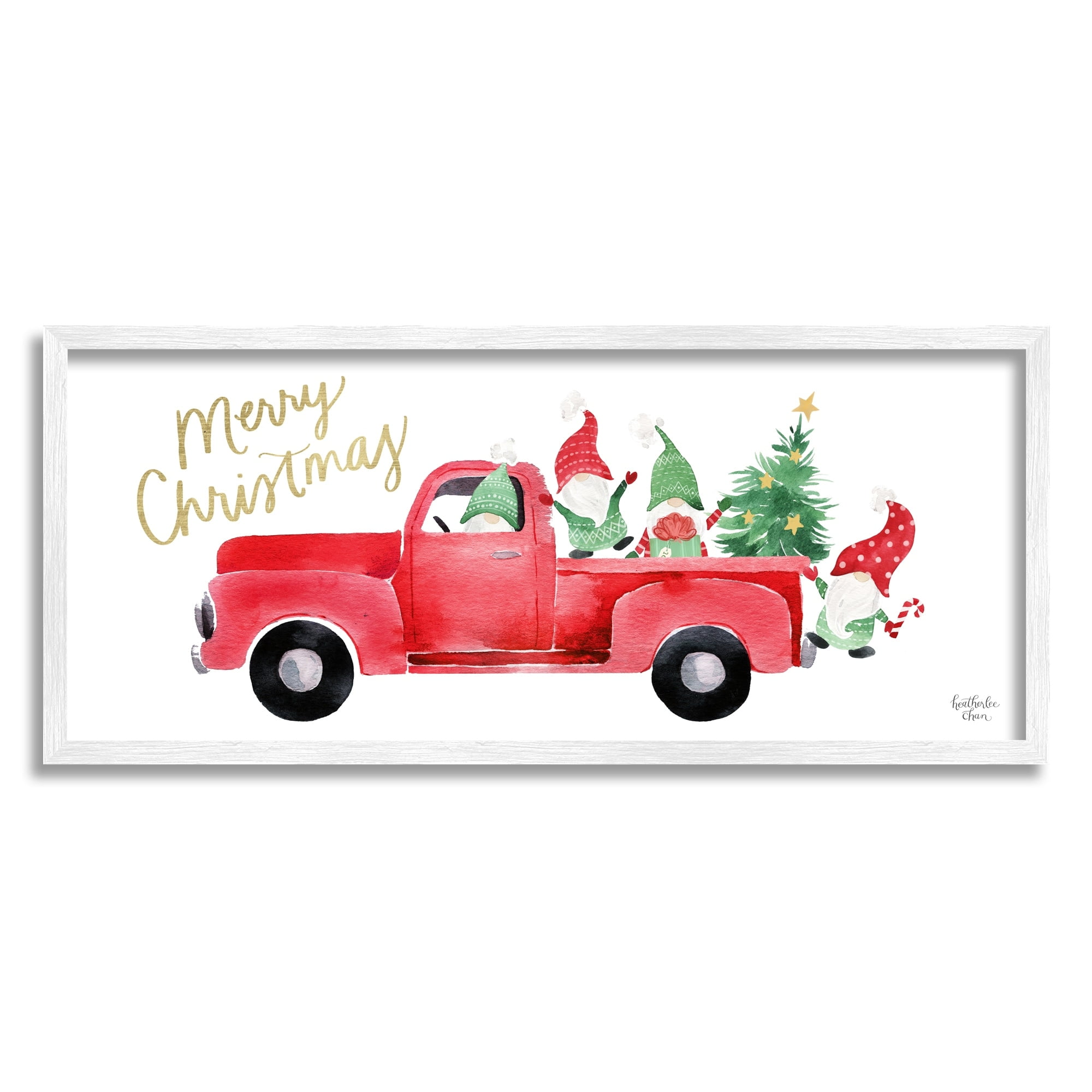 Stupell Industries Christmas Gnomes Driving Red Truck Decorated Tree Graphic Art White Framed Art Print Wall Art, Design by Heatherlee Chan