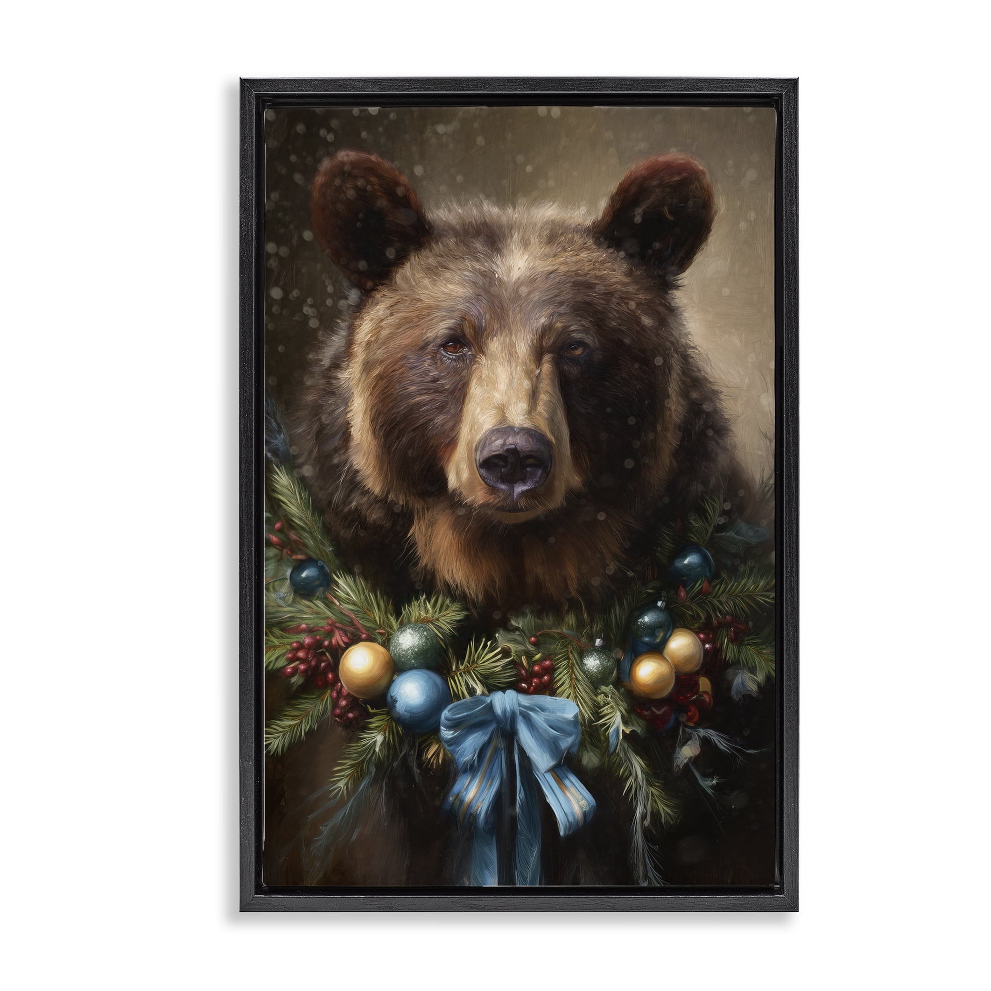 Stupell Industries Christmas Grizzly with Wreath Black Framed Floater Canvas Wall Art, design by Tina LeCour