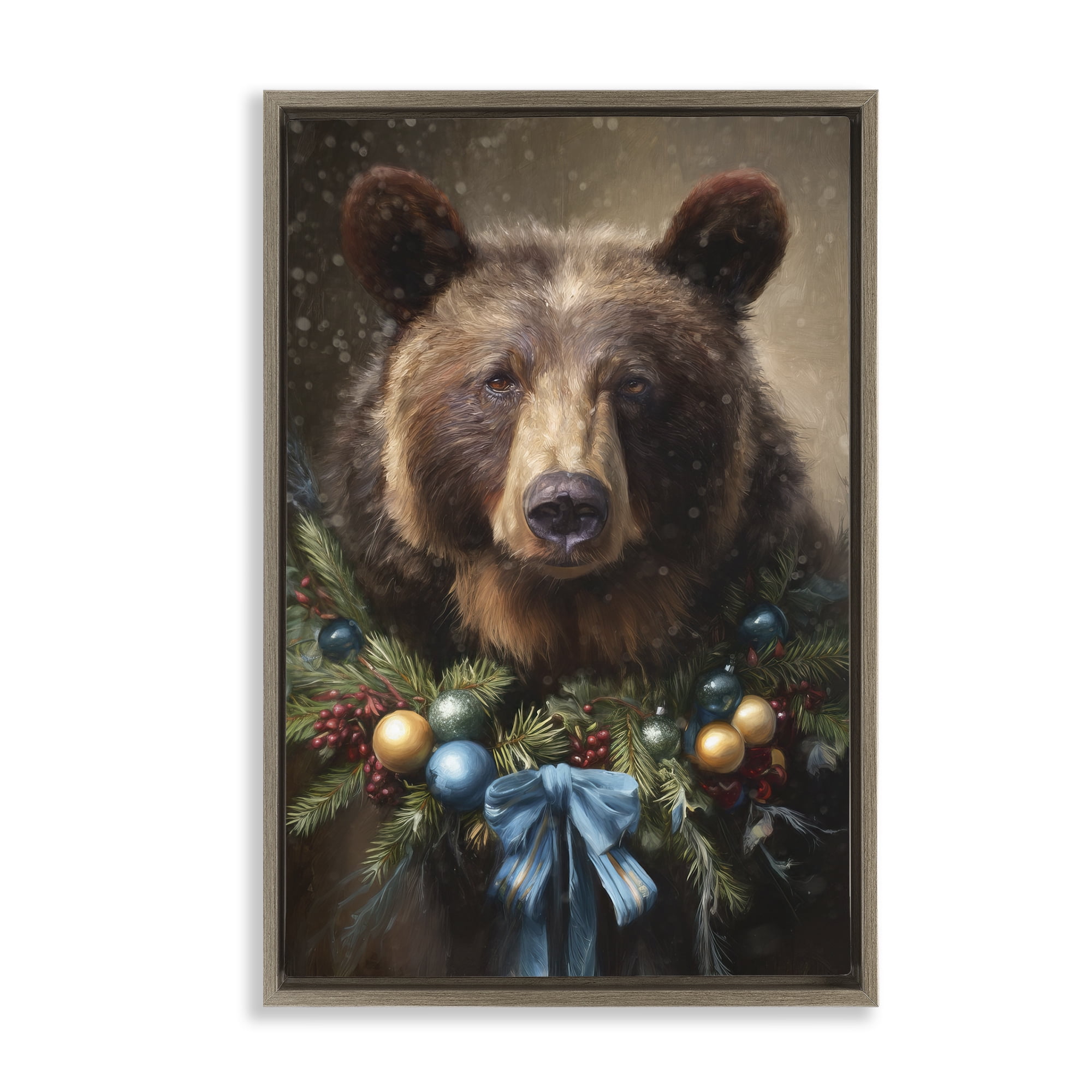 Stupell Industries Christmas Grizzly with Wreath Brown Framed Floater Canvas Wall Art, design by Tina LeCour