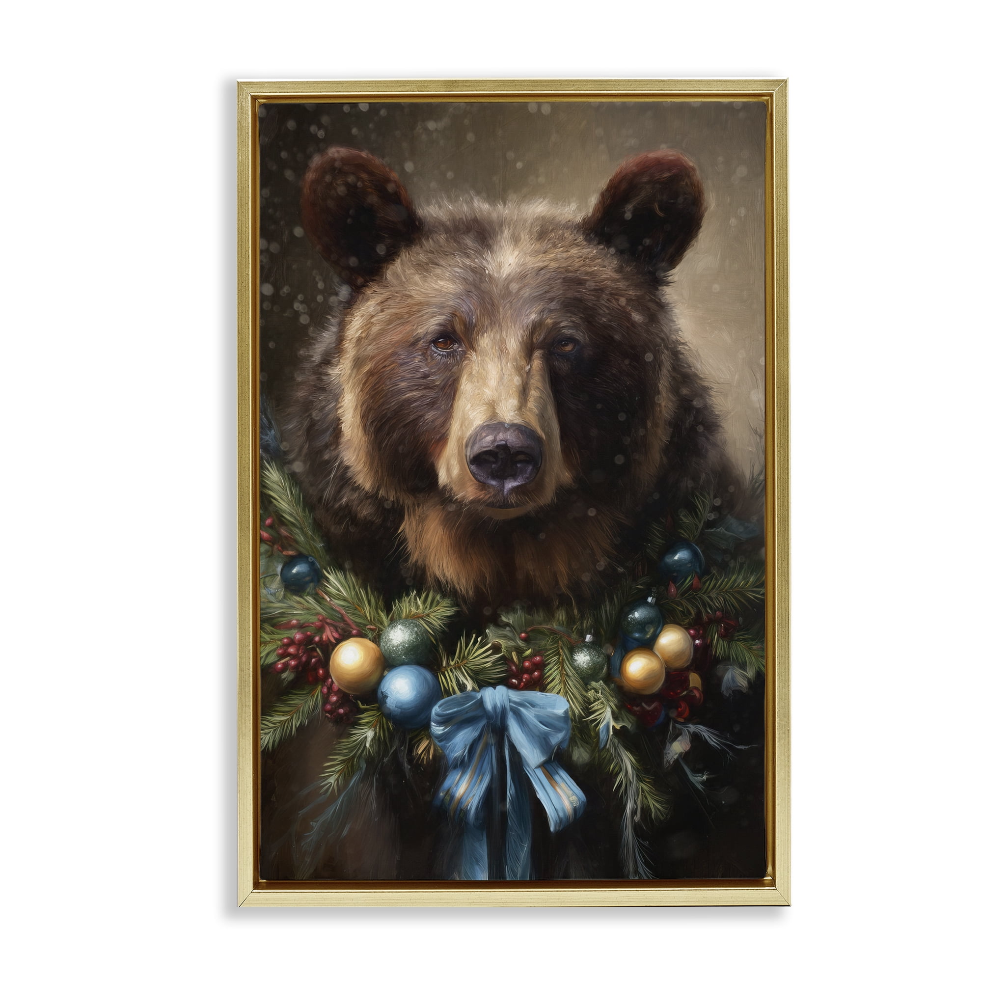 Stupell Industries Christmas Grizzly with Wreath Gold Framed Floater Canvas Wall Art, design by Tina LeCour