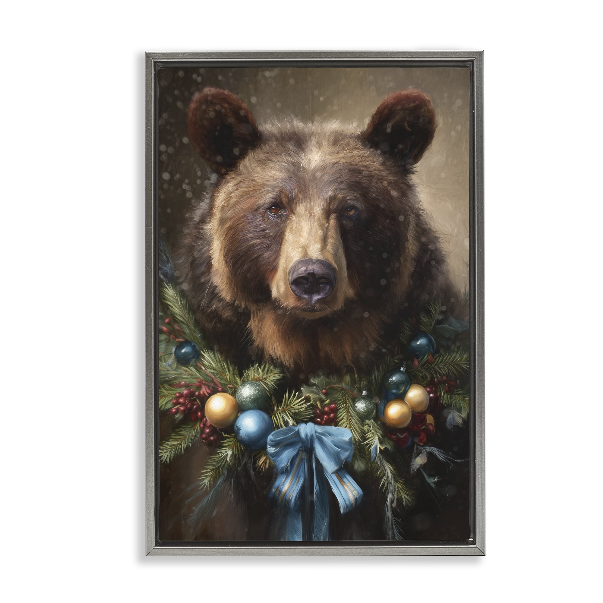 Stupell Industries Christmas Grizzly with Wreath Gray Framed Floater Canvas Wall Art, design by Tina LeCour
