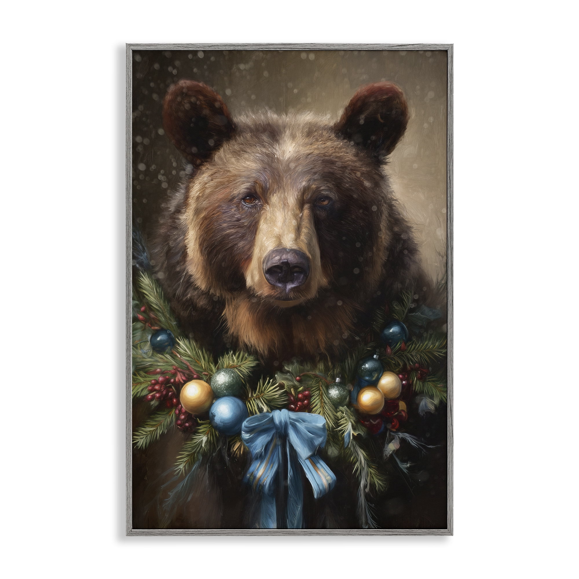 Stupell Industries Christmas Grizzly with Wreath Gray Framed Giclee Art, design by Tina LeCour