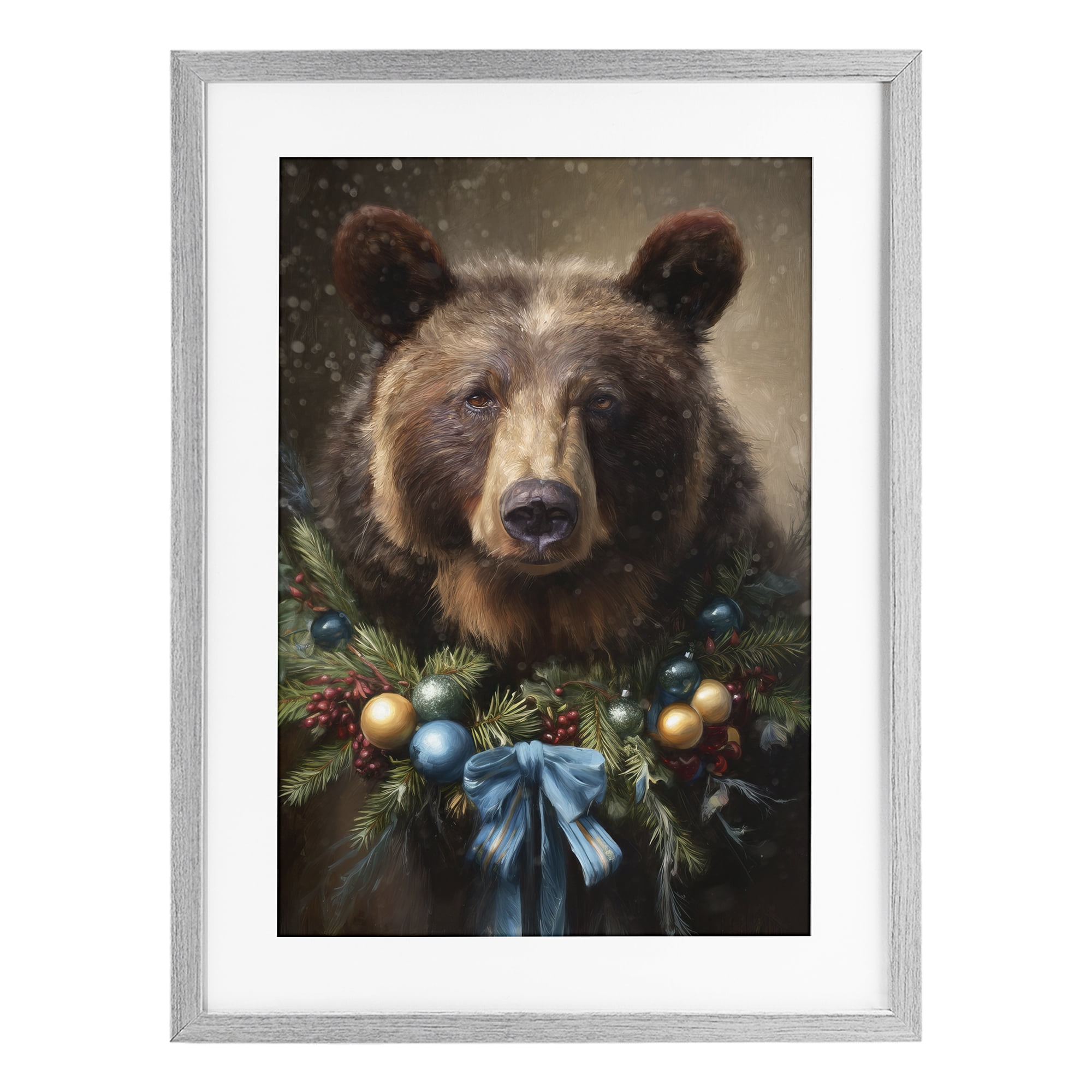 Stupell Industries Christmas Grizzly with Wreath Gray Framed Print Under Glass, design by Tina LeCour