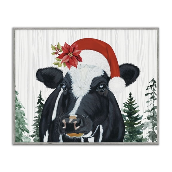 Stupell Industries Christmas Hat Cow Portrait Animals Painting Gray Framed Art Print Wall Art, 14 x 11