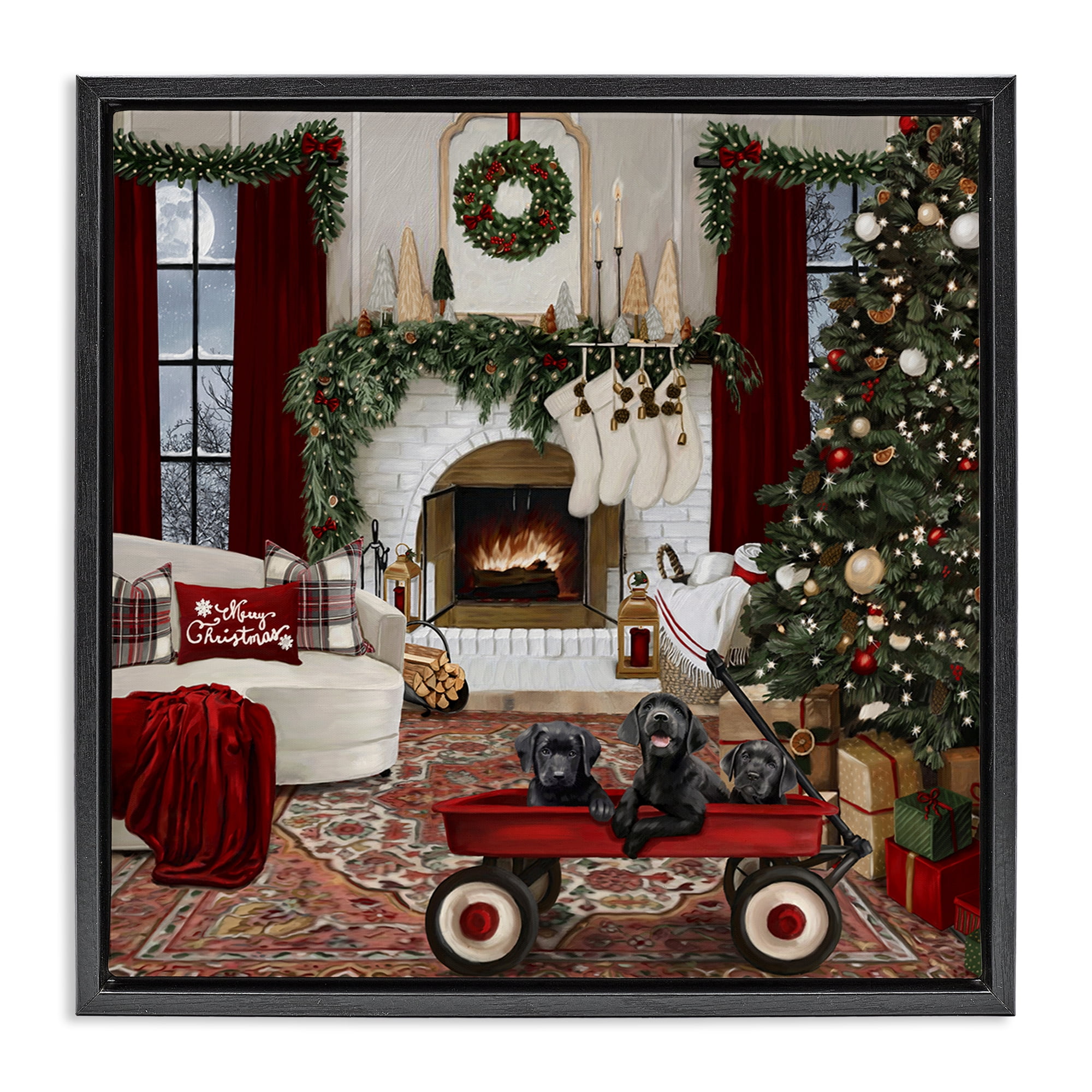 Stupell Industries Christmas Hearth Lounge Holiday Painting Black Floater Framed Canvas Art Prints Wall Art, 25 x 25