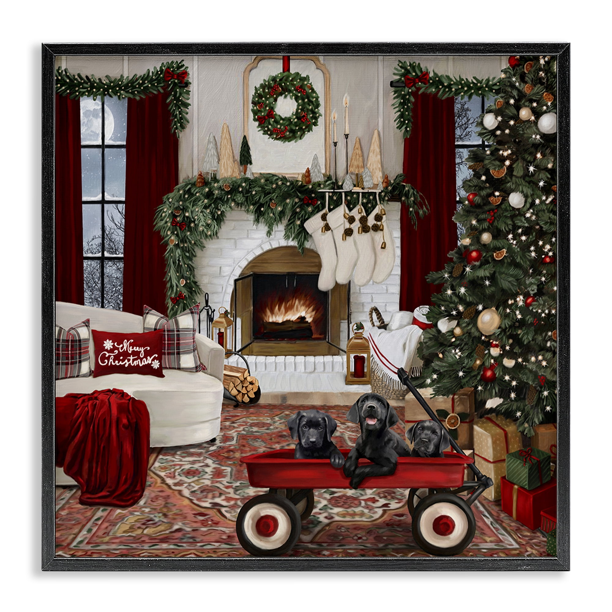 Stupell Industries Christmas Hearth Lounge Holiday Painting Black Framed Art Prints Wall Art, 12 x 12