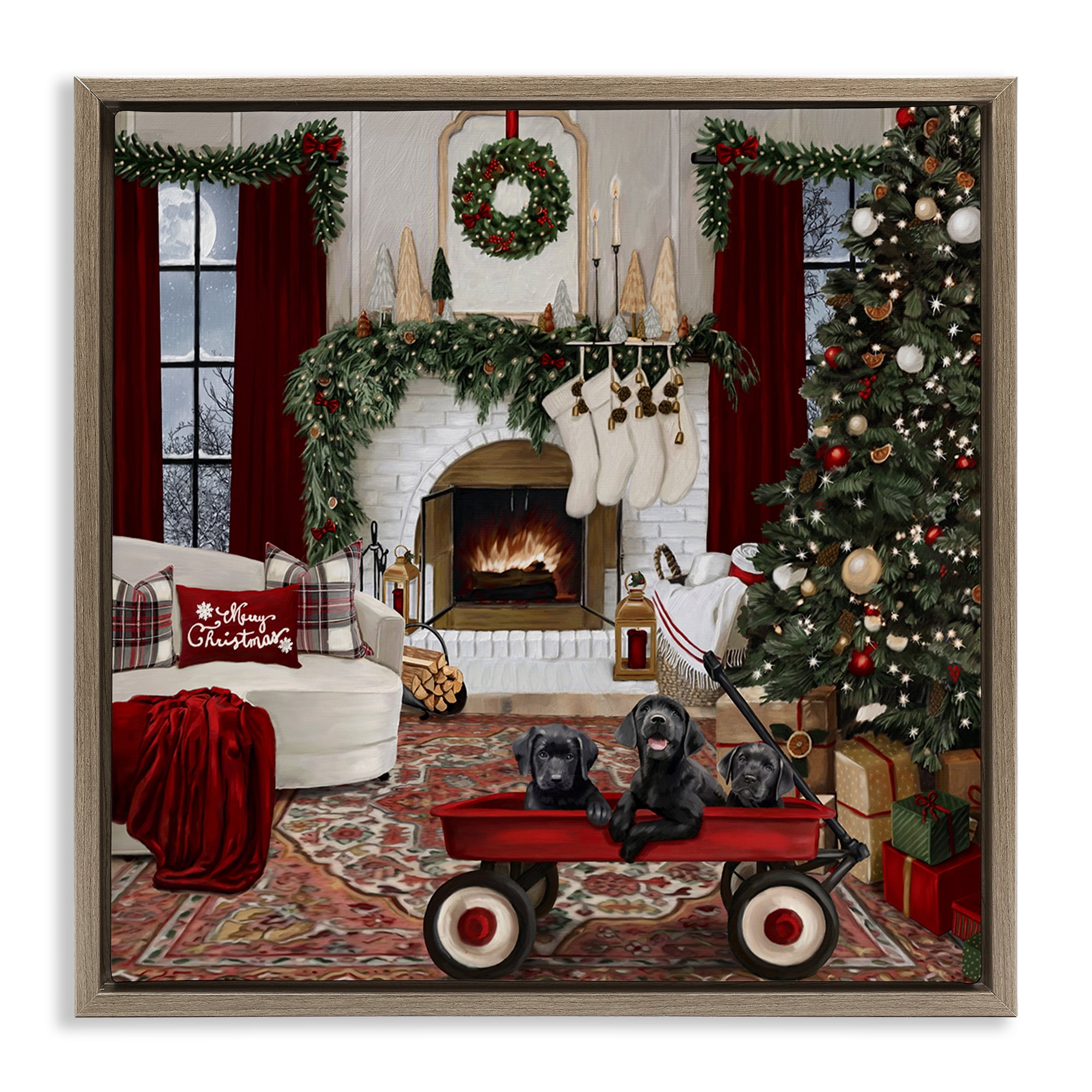 Stupell Industries Christmas Hearth Lounge Holiday Painting Brown Floater Framed Canvas Art Prints Wall Art, 18 x 18