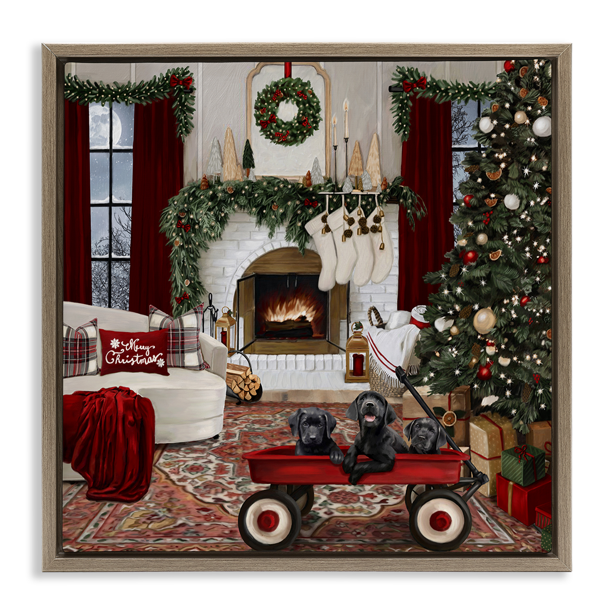 Stupell Industries Christmas Hearth Lounge Holiday Painting Brown Floater Framed Canvas Art Prints Wall Art, 25 x 25