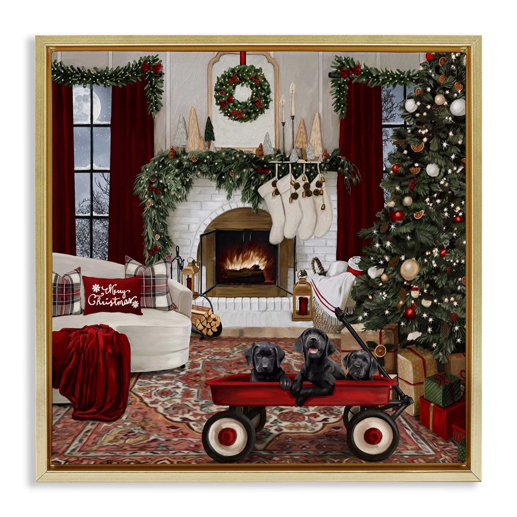 Stupell Industries Christmas Hearth Lounge Holiday Painting Gold Floater Framed Canvas Art Prints Wall Art, 18 x 18