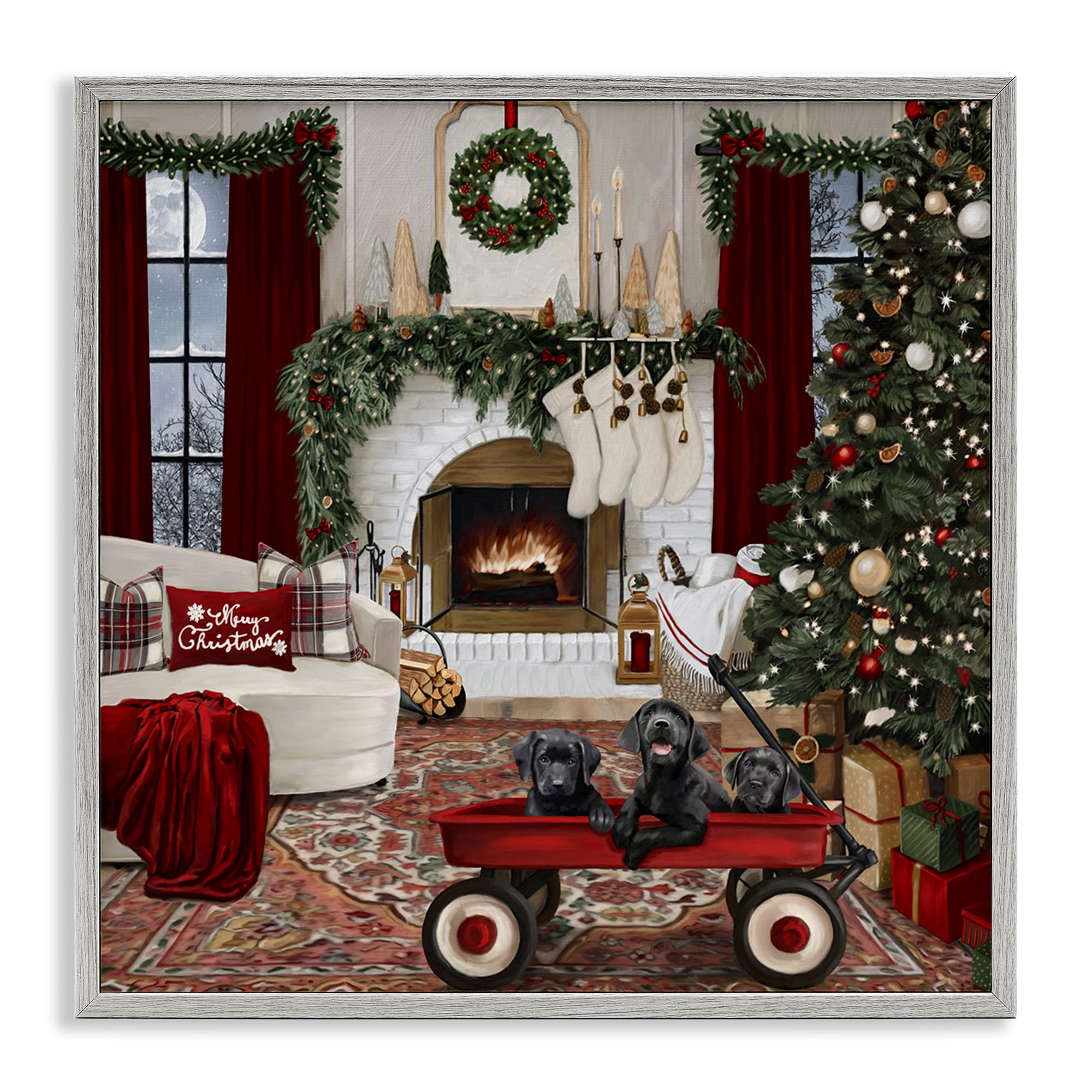 Stupell Industries Christmas Hearth Lounge Holiday Painting Gray Framed Art Prints Wall Art, 12 x 12