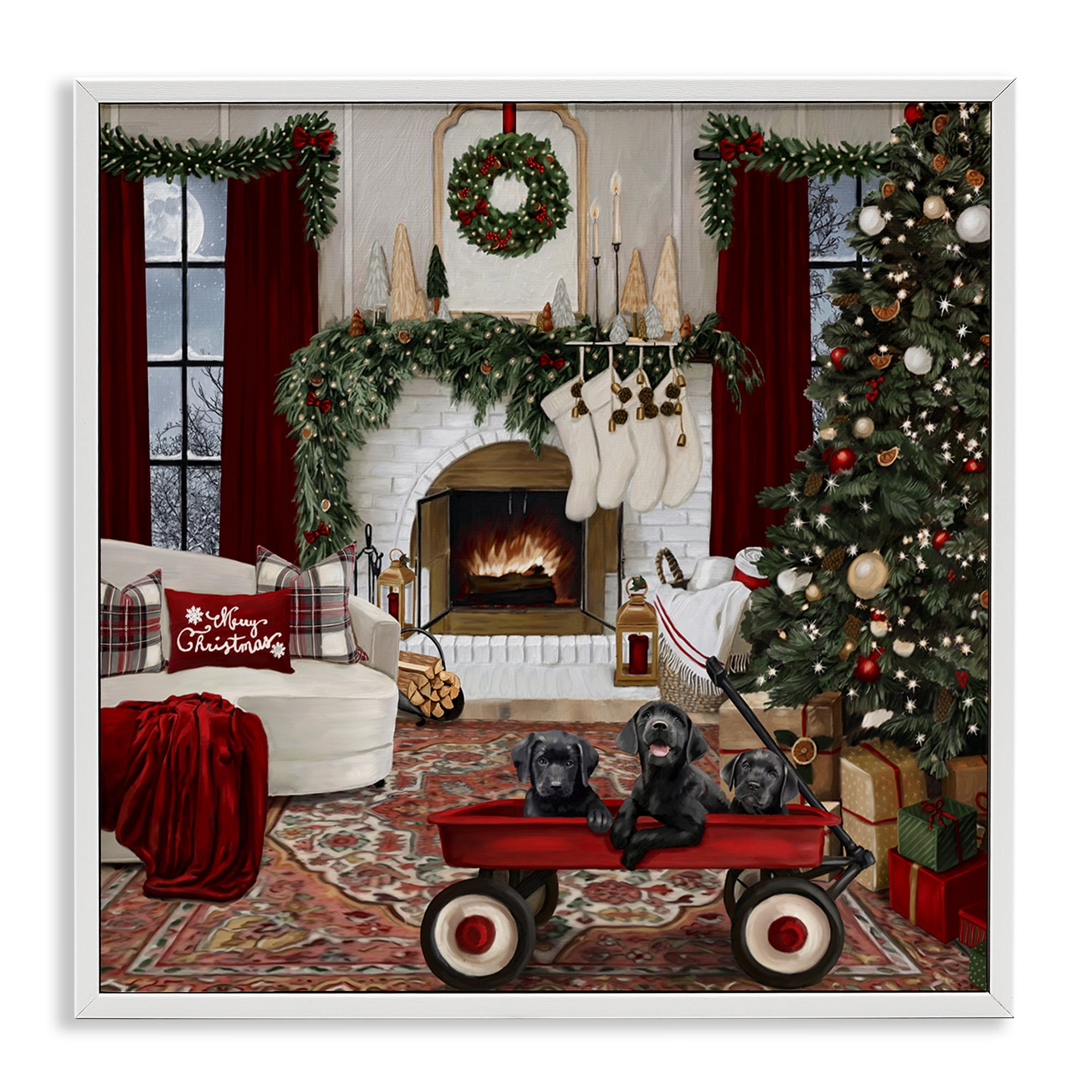 Stupell Industries Christmas Hearth Lounge Holiday Painting White Framed Art Prints Wall Art, 24 x 24