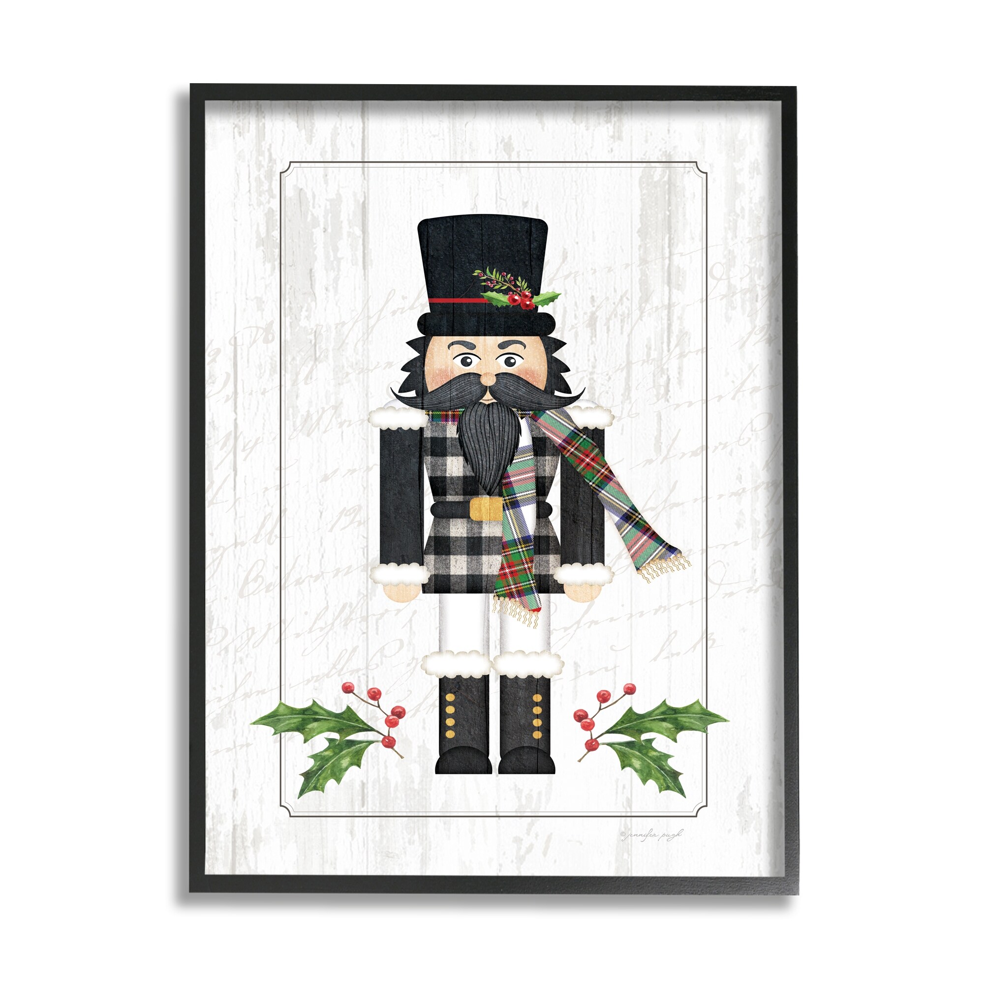 Stupell Industries Christmas Holly Nutcracker Winter Plaid Coat Graphic Art Black Framed Art Print Wall Art, 11x14, by Jennifer Pugh