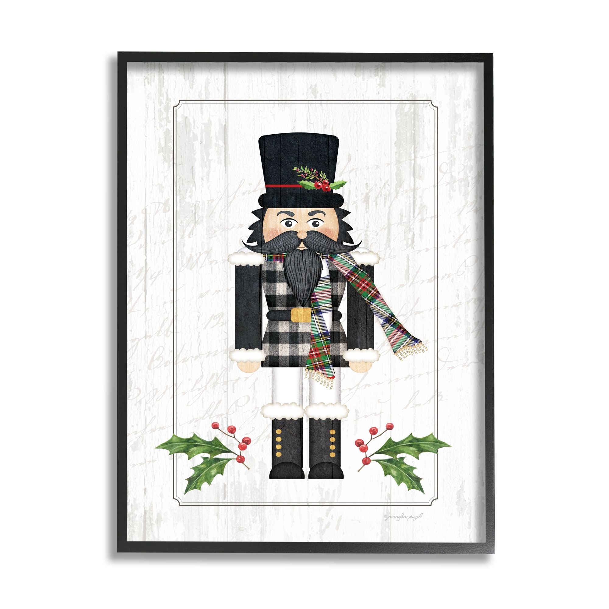 Stupell Industries Christmas Holly Nutcracker Winter Plaid Coat Graphic Art Black Framed Art Print Wall Art, 16x20, by Jennifer Pugh