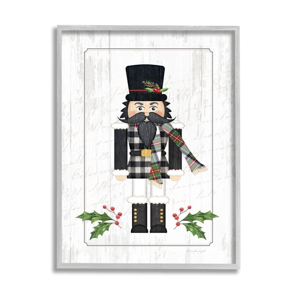Stupell Industries Christmas Holly Nutcracker Winter Plaid Coat Graphic Art Gray Framed Art Print Wall Art, 24x30, by Jennifer Pugh