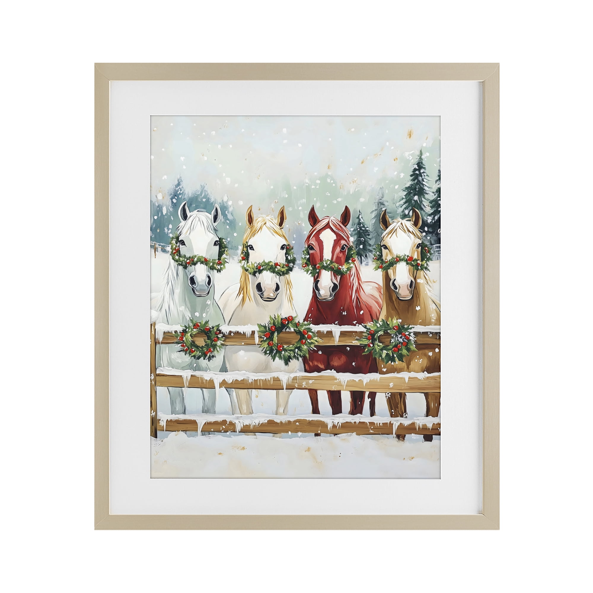 Stupell Industries Christmas Horses with Holly Wreaths Birch Framed Print Under Glass, design by The Prints Vibe