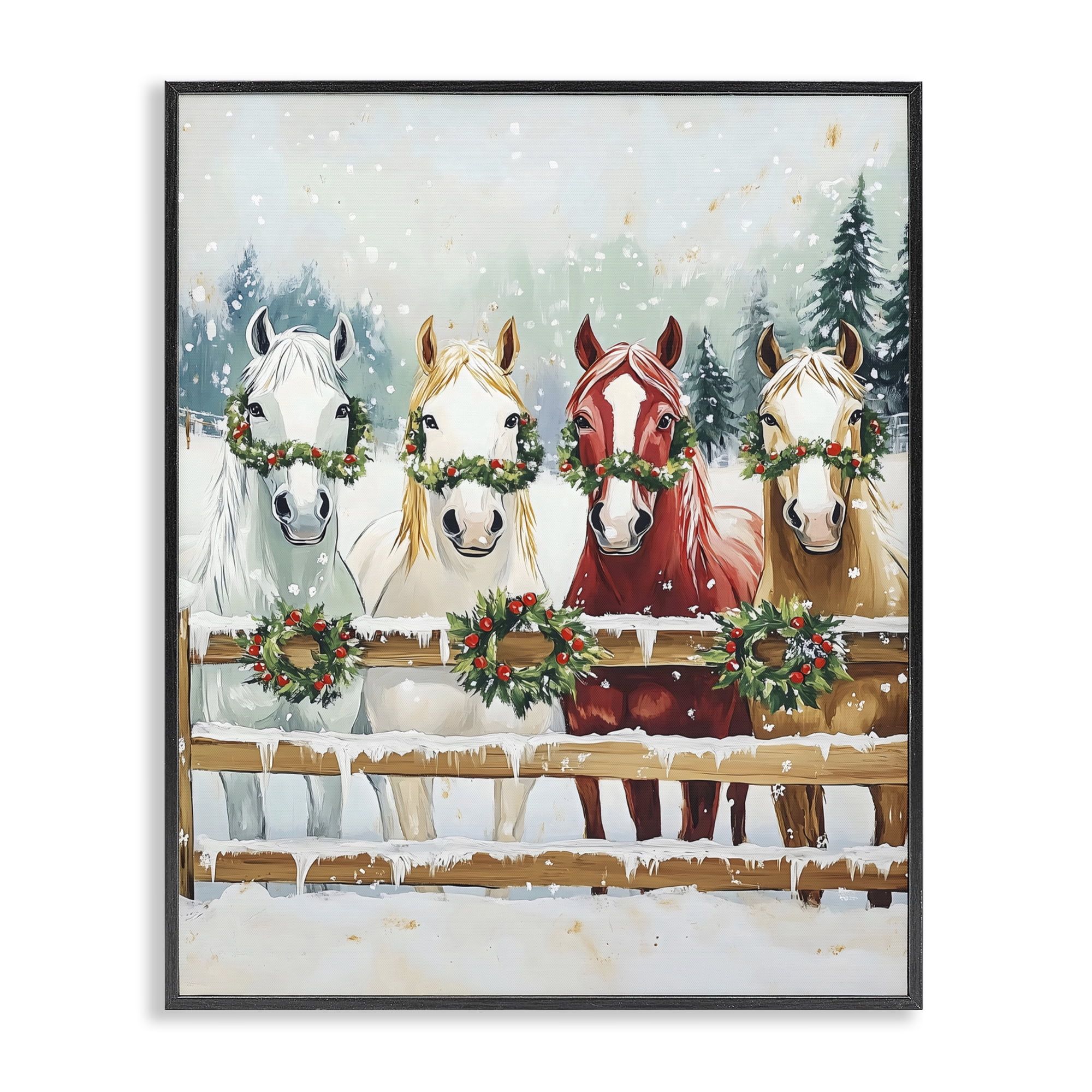 Stupell Industries Christmas Horses with Holly Wreaths Black Framed Giclee Art, design by The Prints Vibe