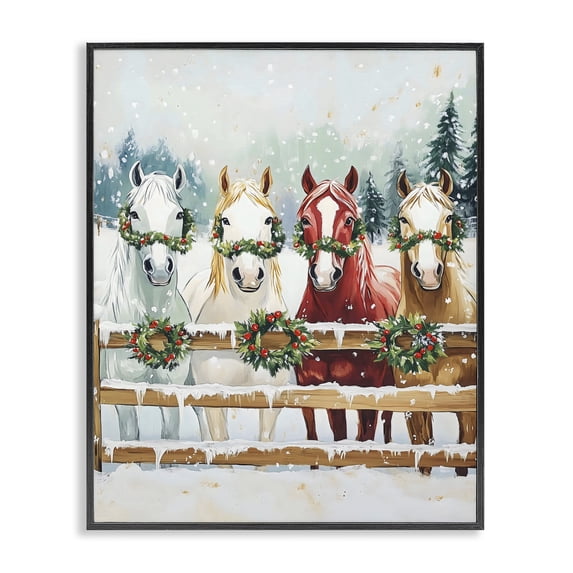 Stupell Industries Farmhouse Christmas Horses with Holly Wreaths Black Framed Giclee Art, 11 x 14, by The Prints Vibe