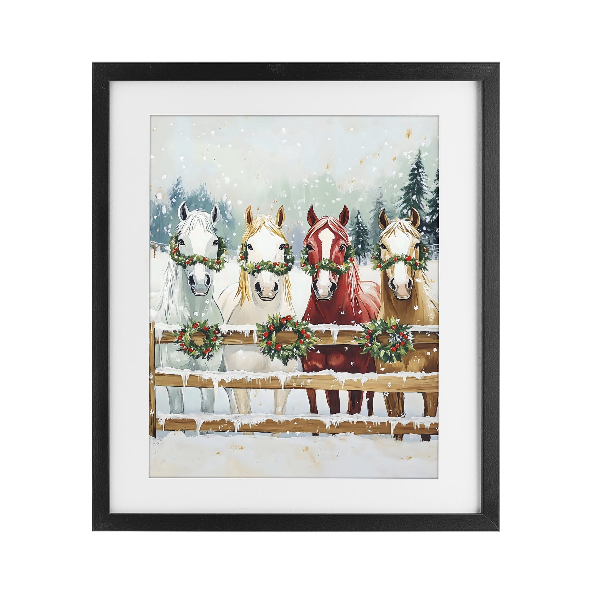 Stupell Industries Christmas Horses with Holly Wreaths Black Framed Print Under Glass, design by The Prints Vibe