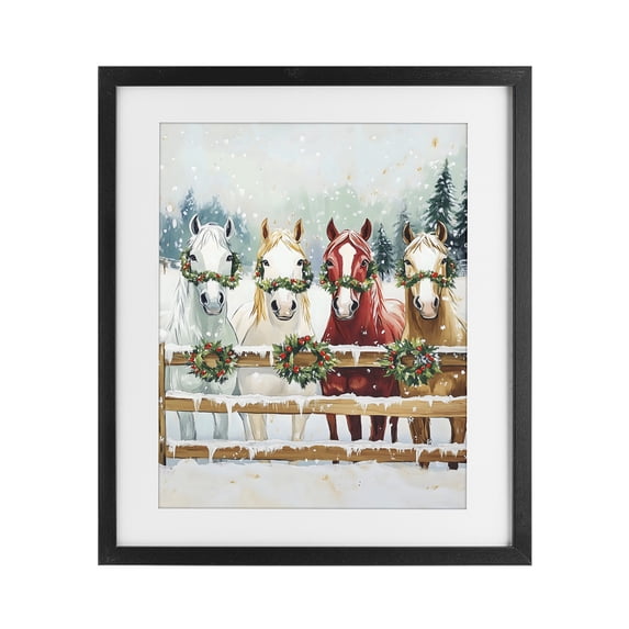 Stupell Industries Farmhouse Christmas Horses with Holly Wreaths Black Framed Print Under Glass, 13 x 16, by The Prints Vibe