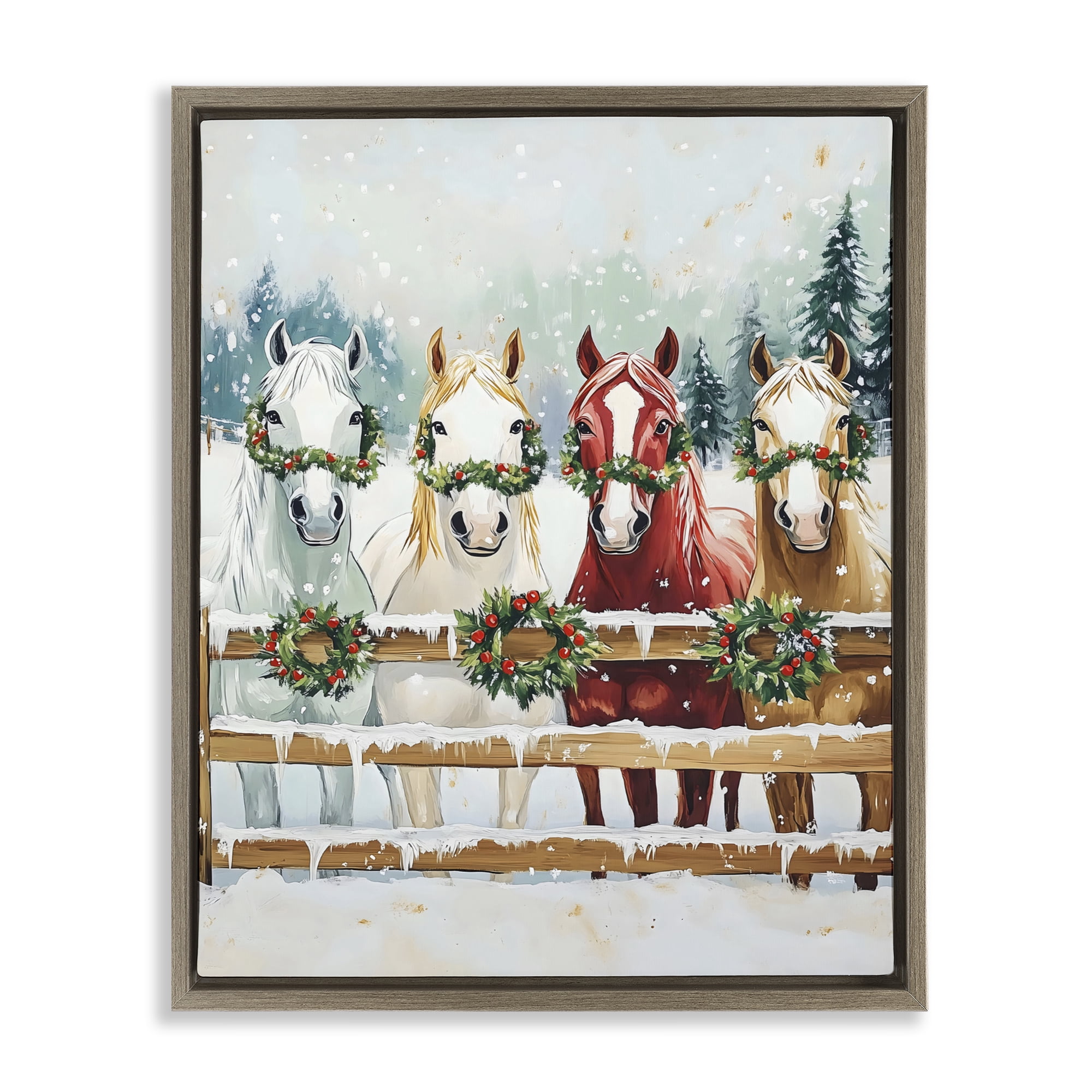 Stupell Industries Christmas Horses with Holly Wreaths Brown Framed Floater Canvas Wall Art, design by The Prints Vibe