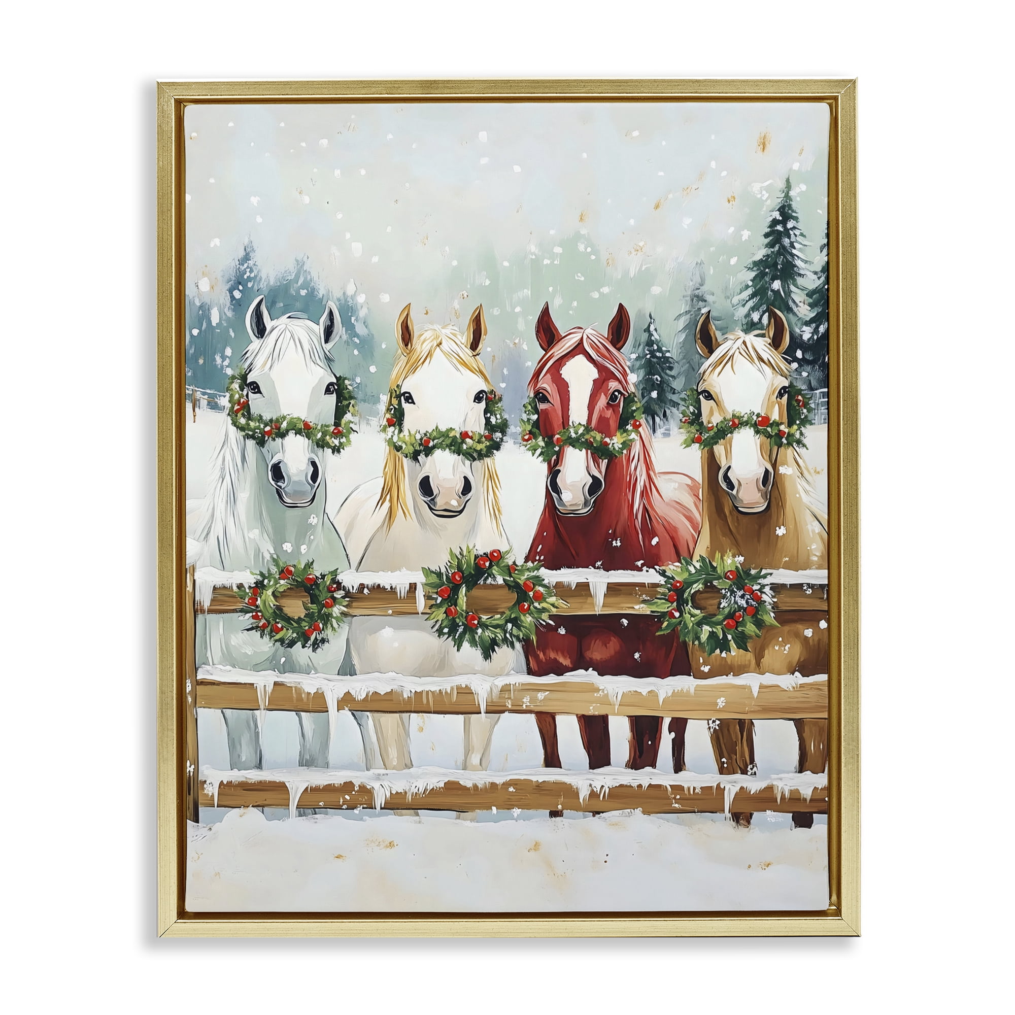 Stupell Industries Christmas Horses with Holly Wreaths Gold Framed Floater Canvas Wall Art, design by The Prints Vibe