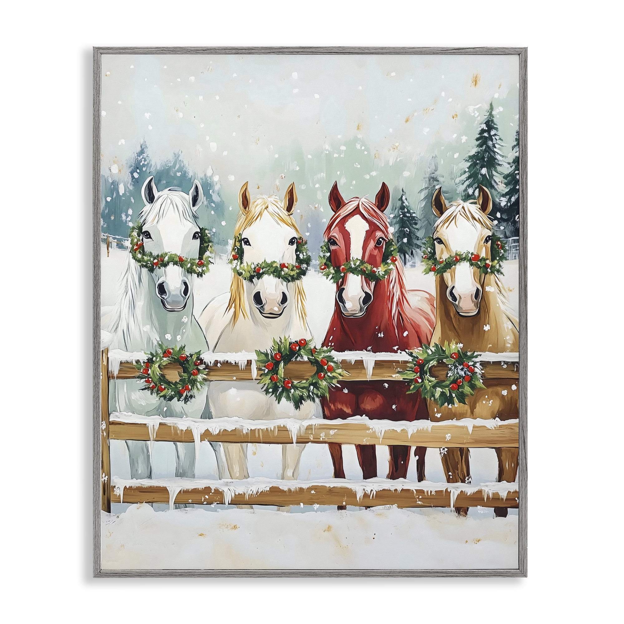 Stupell Industries Christmas Horses with Holly Wreaths Gray Framed Giclee Art, design by The Prints Vibe