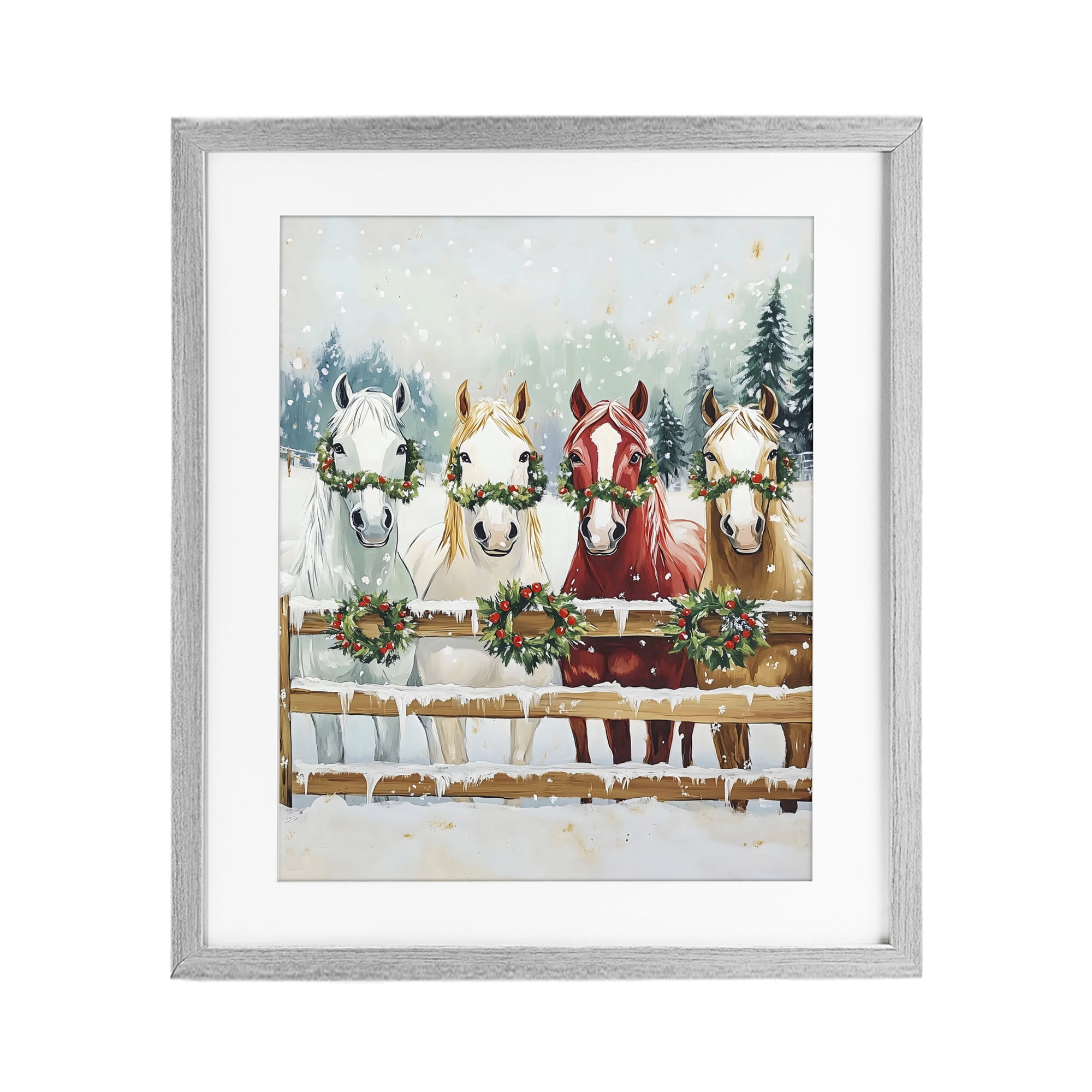Stupell Industries Christmas Horses with Holly Wreaths Gray Framed Print Under Glass, design by The Prints Vibe