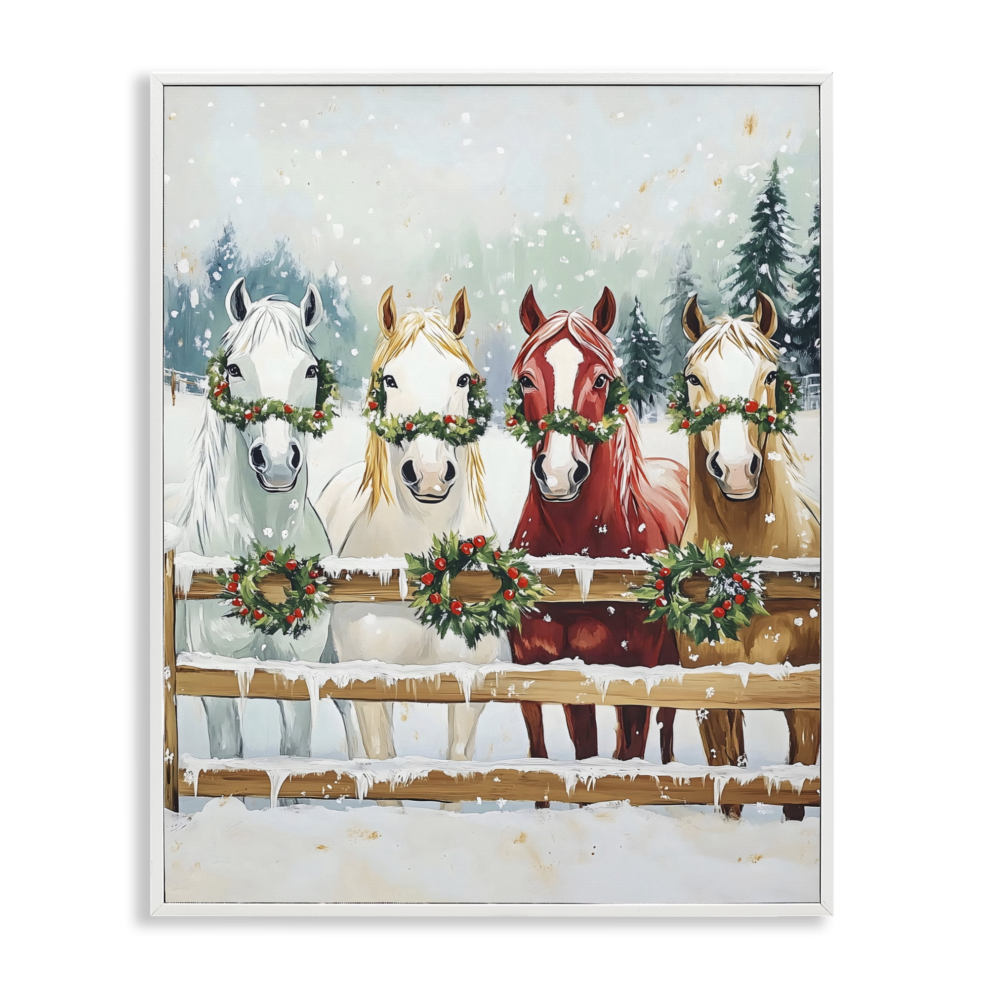 Stupell Industries Christmas Horses with Holly Wreaths White Framed Giclee Art, design by The Prints Vibe