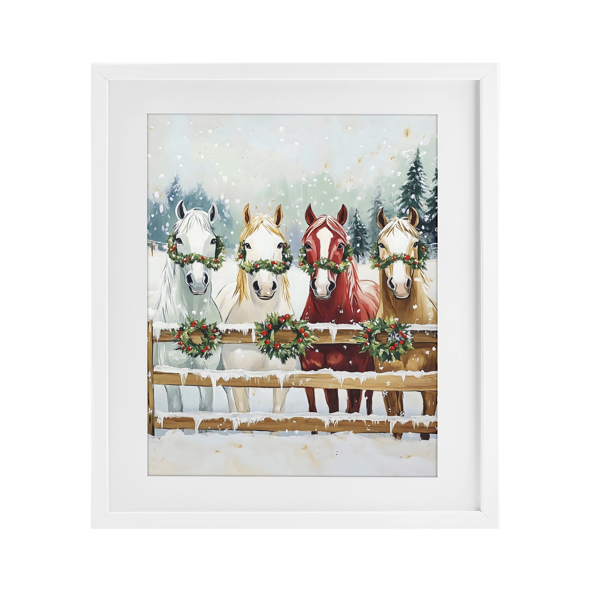 Stupell Industries Christmas Horses with Holly Wreaths White Framed Print Under Glass, design by The Prints Vibe