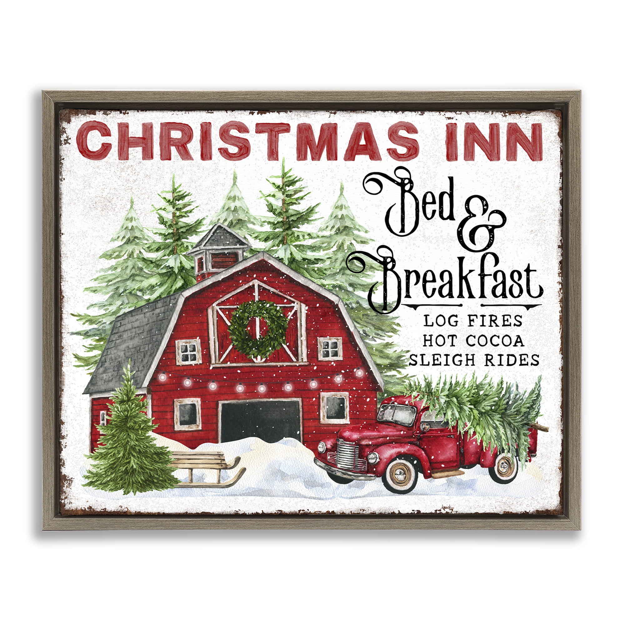 Stupell Industries Christmas Inn Shop Holiday Painting Brown Floater Framed Canvas Art Prints Wall Art, 21 x 17